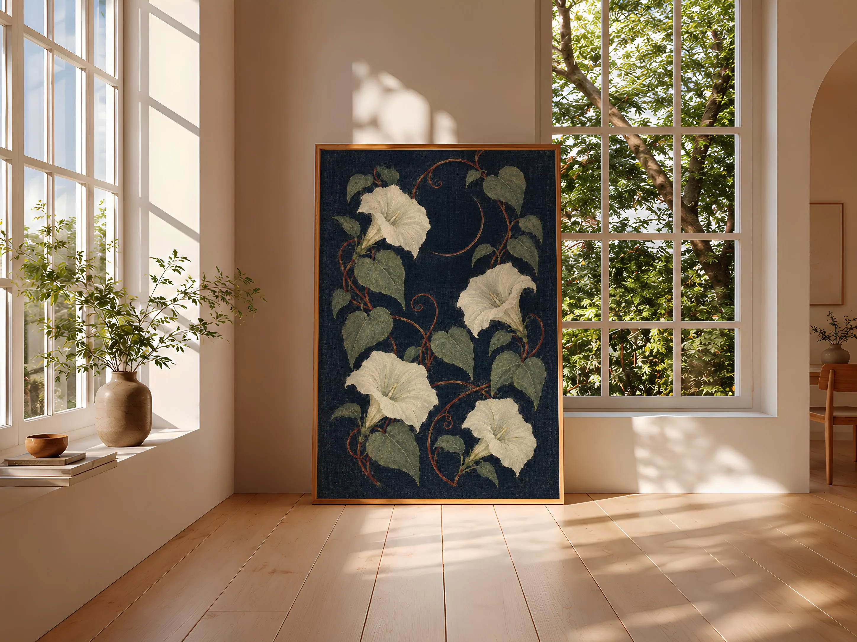 Moonflower Night Garden Wall Art, Indigo Arts and Crafts Botanical Print – Calm Wall Art by Artsify thumbnail 3