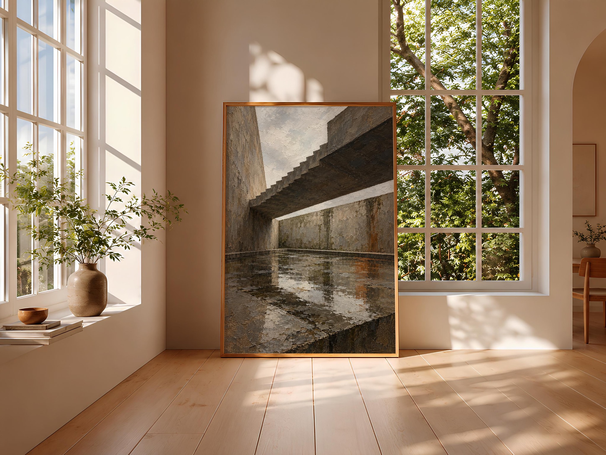 Brutalist Concrete Atrium Wall Art, Rainy Architecture Oil Painting, Industrial Office Decor – Calm Wall Art by Artsify thumbnail 3