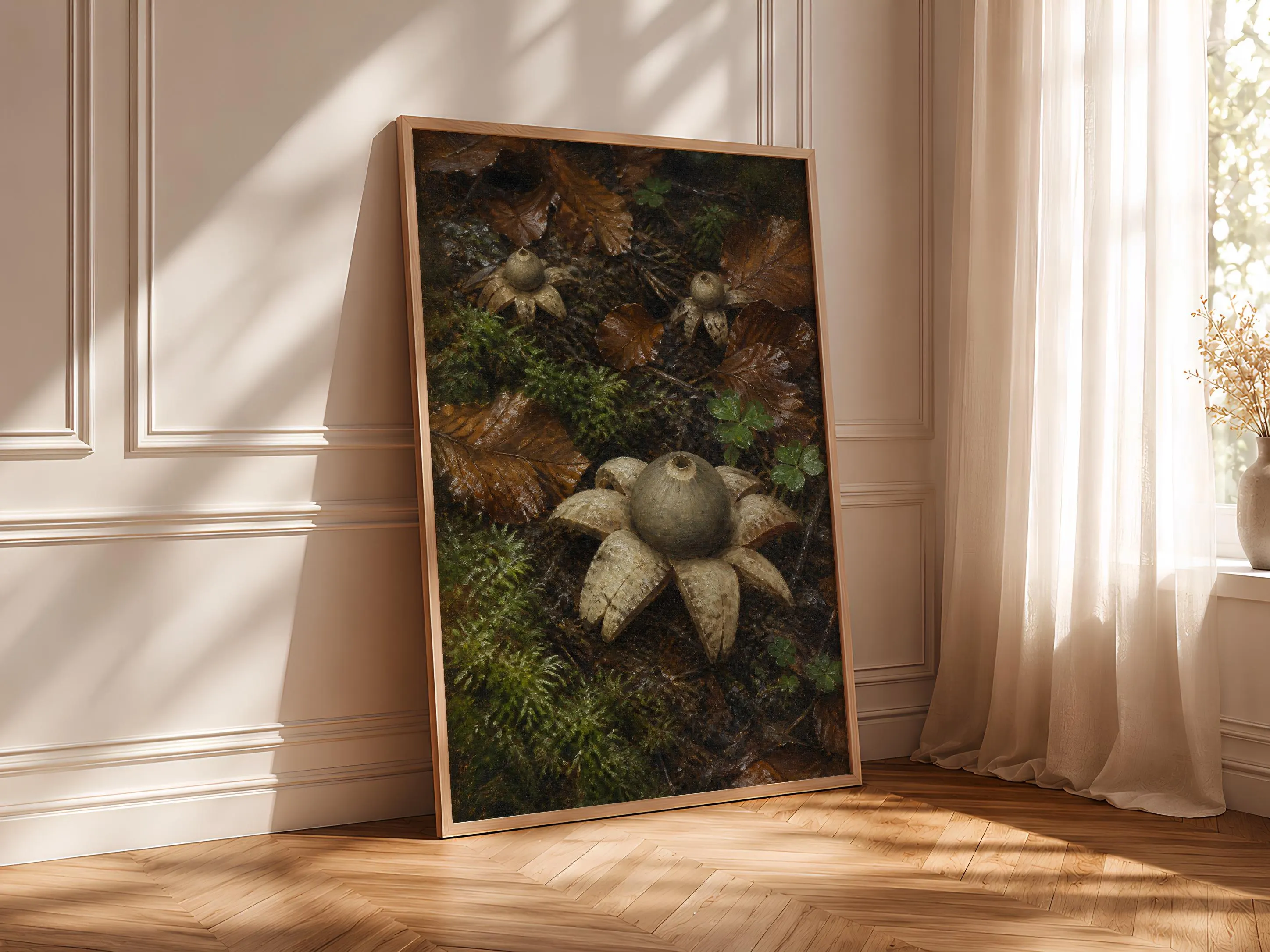 Earthstar Mushroom Wall Art, Moody Forest Oil Painting, Cottagecore Nature Print, Housewarming Gift – Calm Wall Art by Artsify thumbnail 4