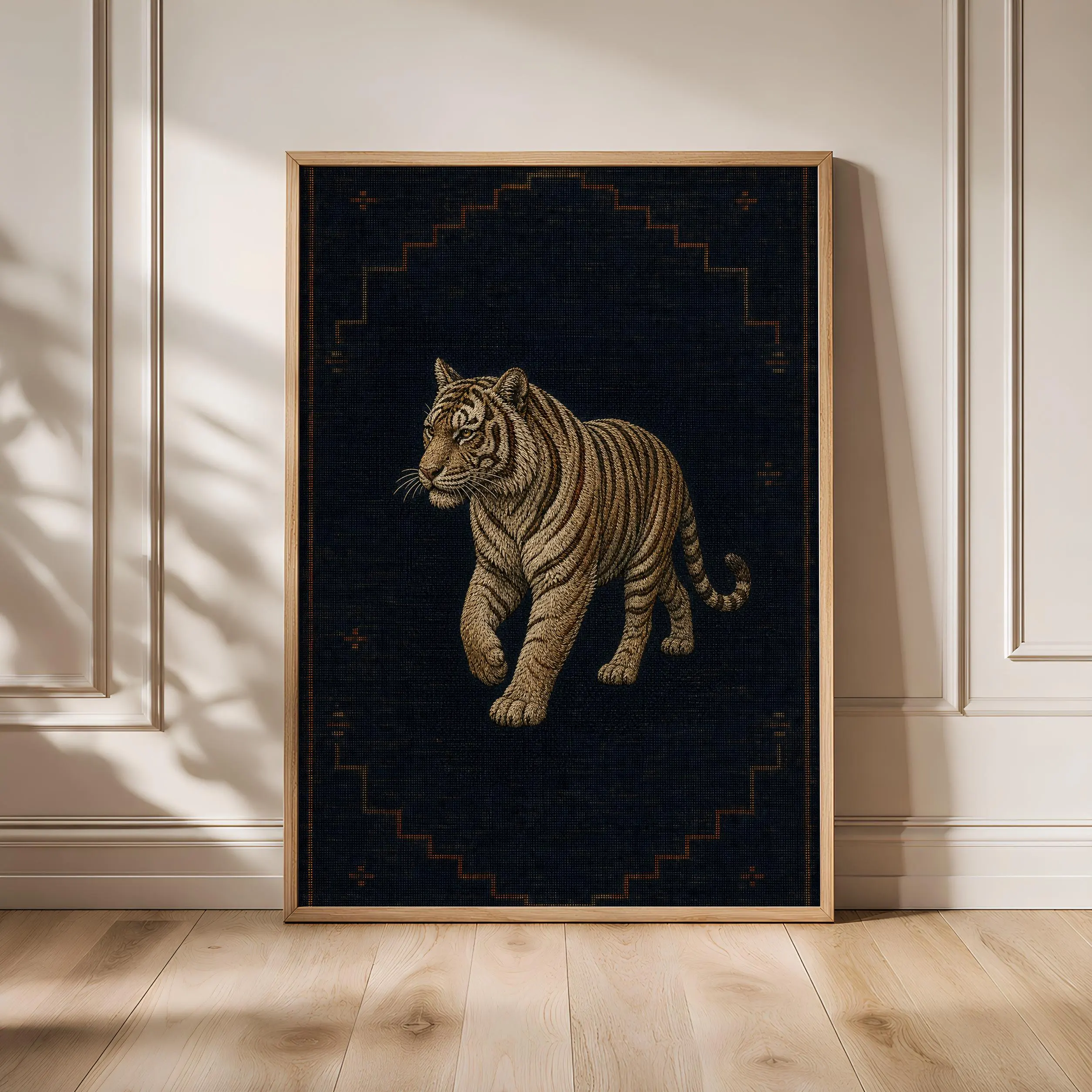 Embroidered Tiger Print, Minimalist Kilim Wall Art, Navy Boho Poster, Housewarming Gift – Calm Wall Art by Artsify