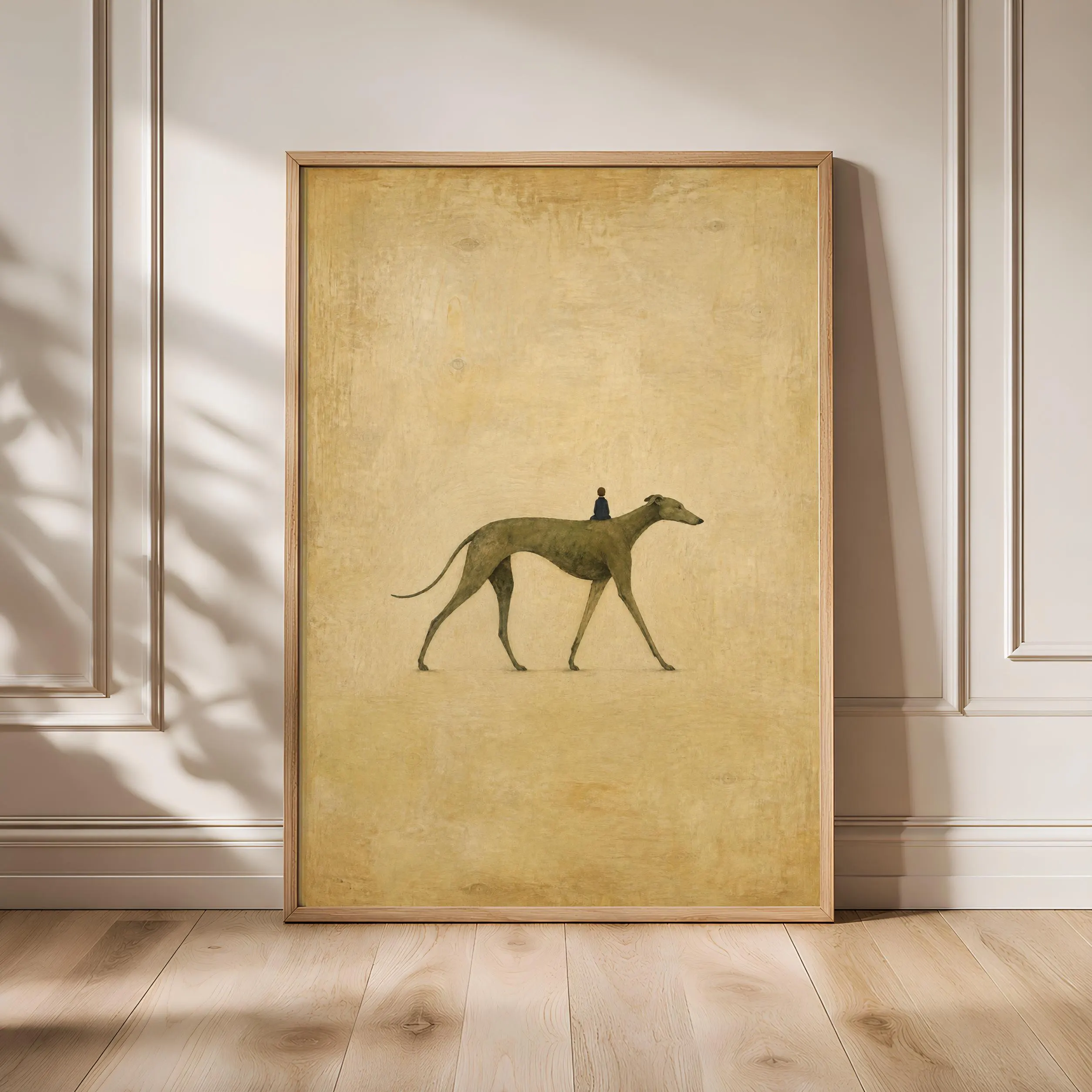 Greyhound and Tiny Rider Wall Art, Surreal Folk Dog Print – Calm Wall Art by Artsify