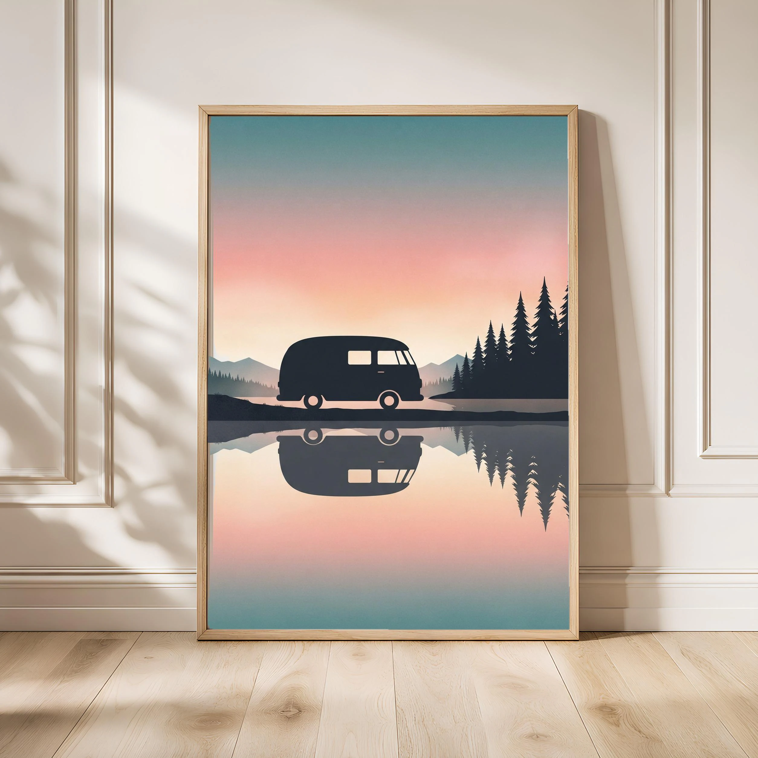 Retro Camper Van Print, Mountain Lake Camping Poster, Teal Wall Art, Vanlife Decor, Housewarming Gift – Calm Wall Art by Artsify