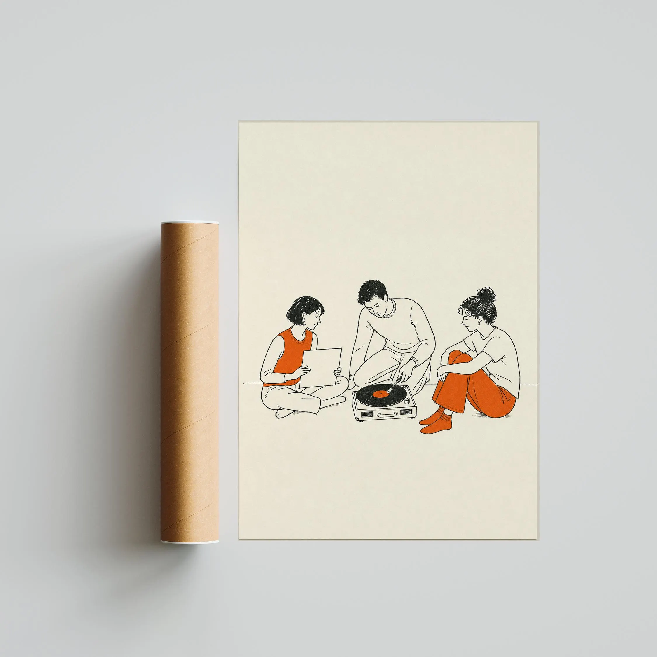 Retro Friends Vinyl Print, Mid Century Record Player Wall Art, Orange Music Poster, Minimalist Line Art Decor, Housewarming Gift – Calm Wall Art by Artsify thumbnail 5