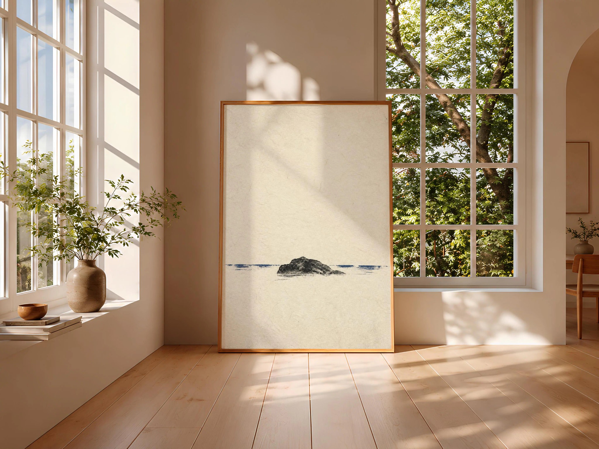 Minimalist Coastal Wall Art, Solitary Rock Monotype, Indigo Wabi Sabi Nature Print – Calm Wall Art by Artsify thumbnail 3