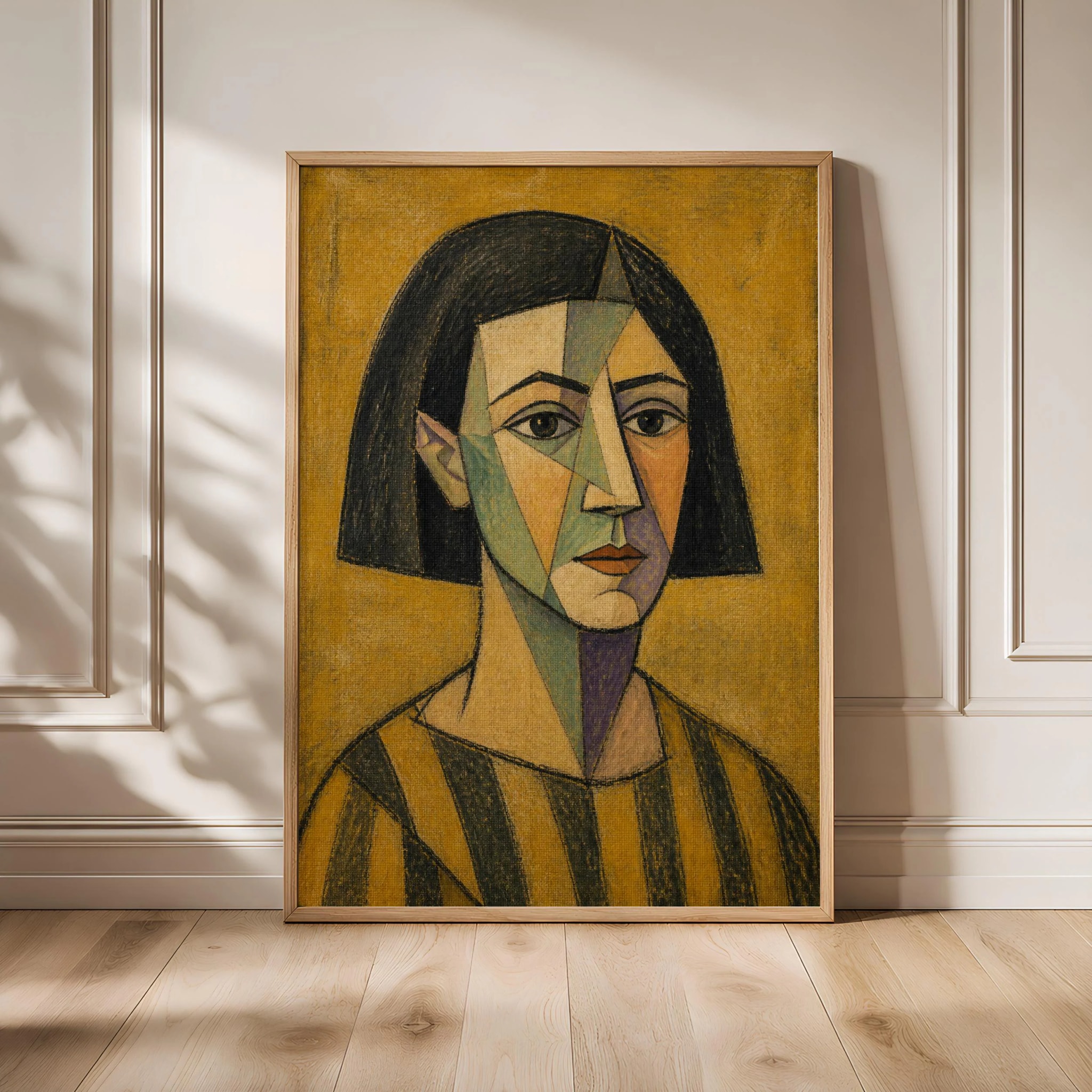 Jade Cubist Woman Portrait Print, Striped Smock Abstract Face Art, Mustard Wall Decor – Calm Wall Art by Artsify