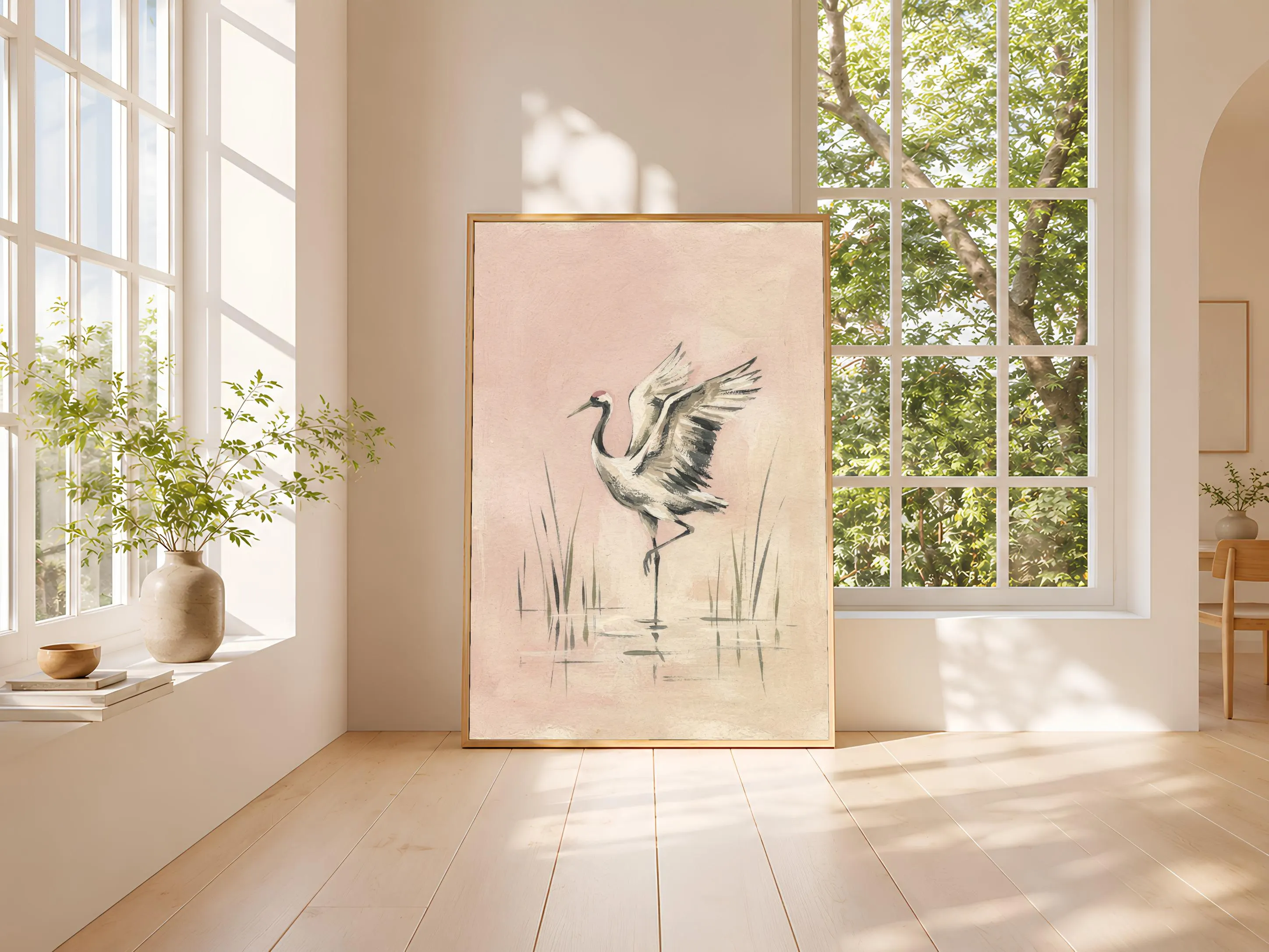Crane Wall Art, Blush Pink Minimalist Wildlife Painting, Vintage Wetland Print, Housewarming Gift – Calm Wall Art by Artsify thumbnail 3