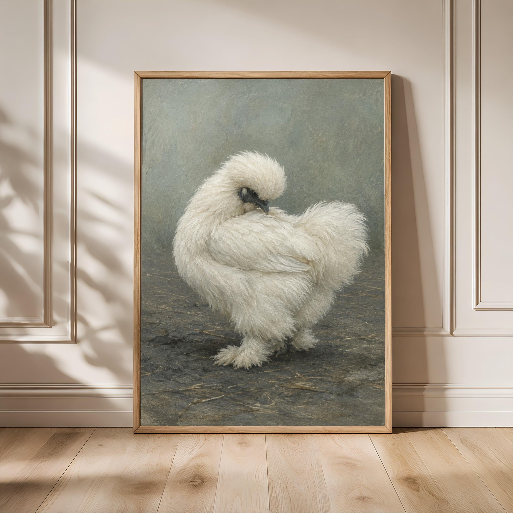 White Silkie Chicken Wall Art, Natural Preening Hen Tempera Print – Calm Wall Art by Artsify