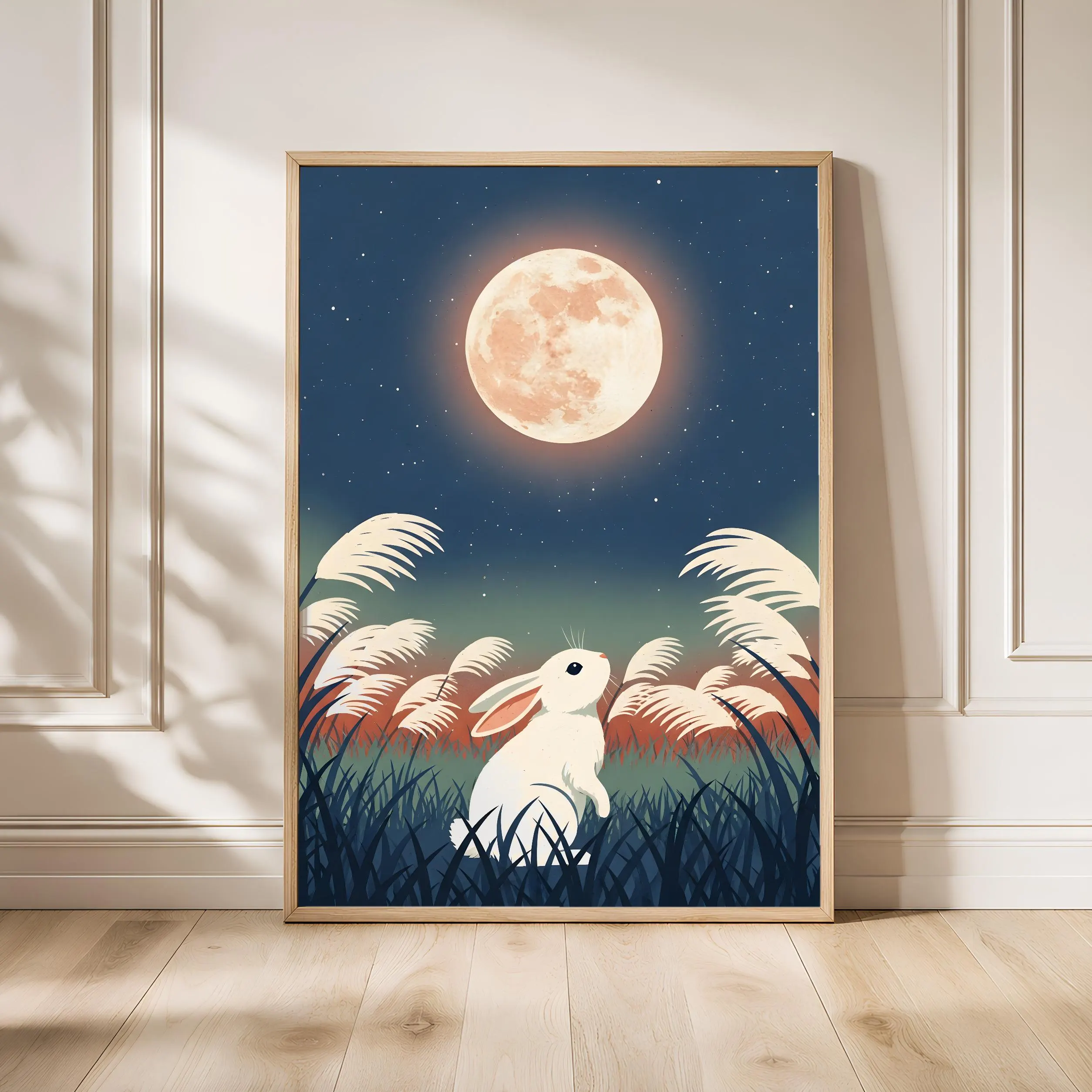 Moon Rabbit Art Print, Japanese Night Sky Poster, Woodblock Style Animal Wall Art, Calm Bedroom Decor, A1/A2/A3/A4, Housewarming Gift – Calm Wall Art by Artsify