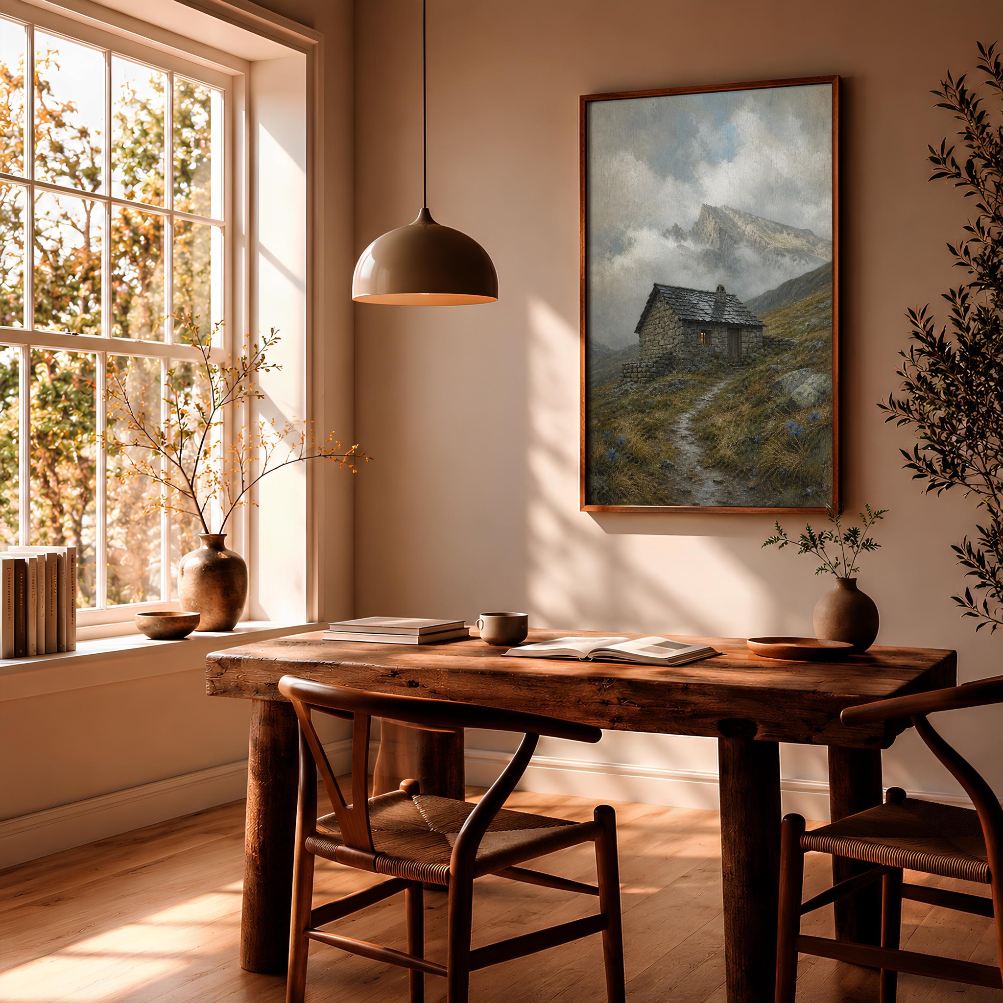 Stone Mountain Hut Wall Art, Realist Oil Painting Alpine Refuge, Misty Grey Mountain Decor Print – Calm Wall Art by Artsify thumbnail 2