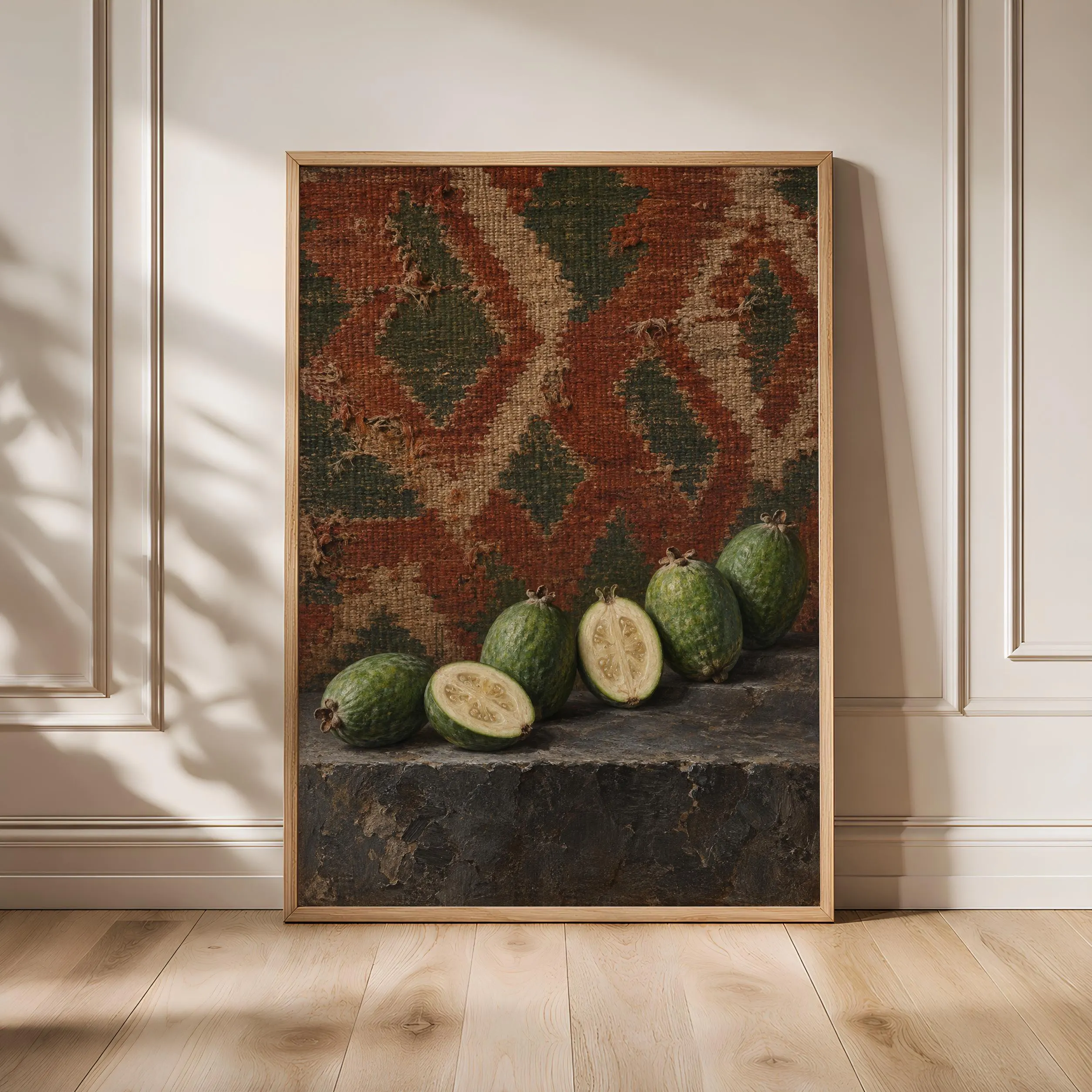 Feijoa Wall Art, Rustic Kilim Fruit Still Life Painting – Calm Wall Art by Artsify - Image 1