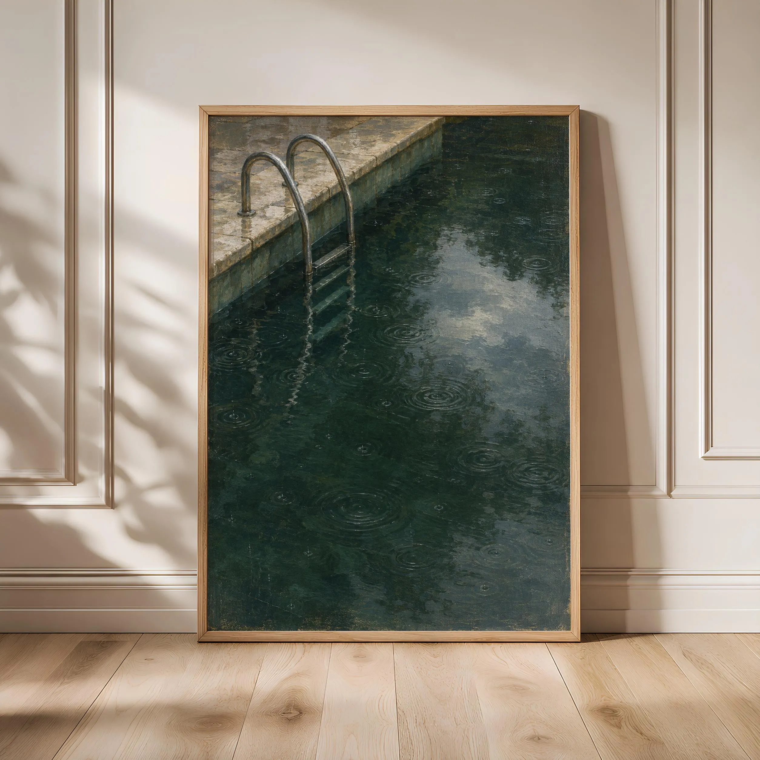Rainy Pool Ladder Wall Art, Green Water Oil Painting, Moody Bathroom Decor – Calm Wall Art by Artsify - Image 1