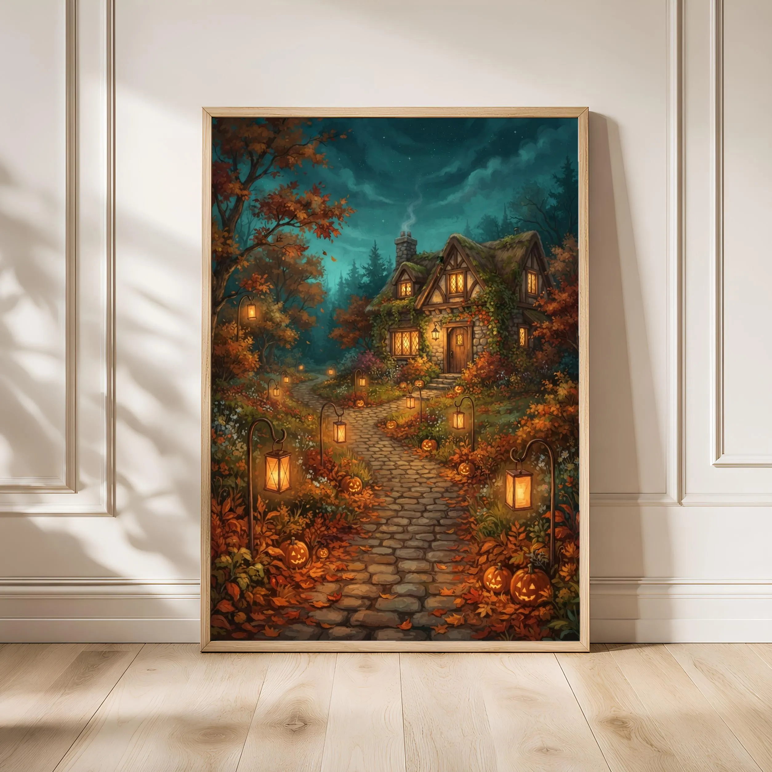 Halloween Lantern Path Print, Storybook Poster, Teal Amber Wall Art, Housewarming Gift – Calm Wall Art by Artsify - Image 1