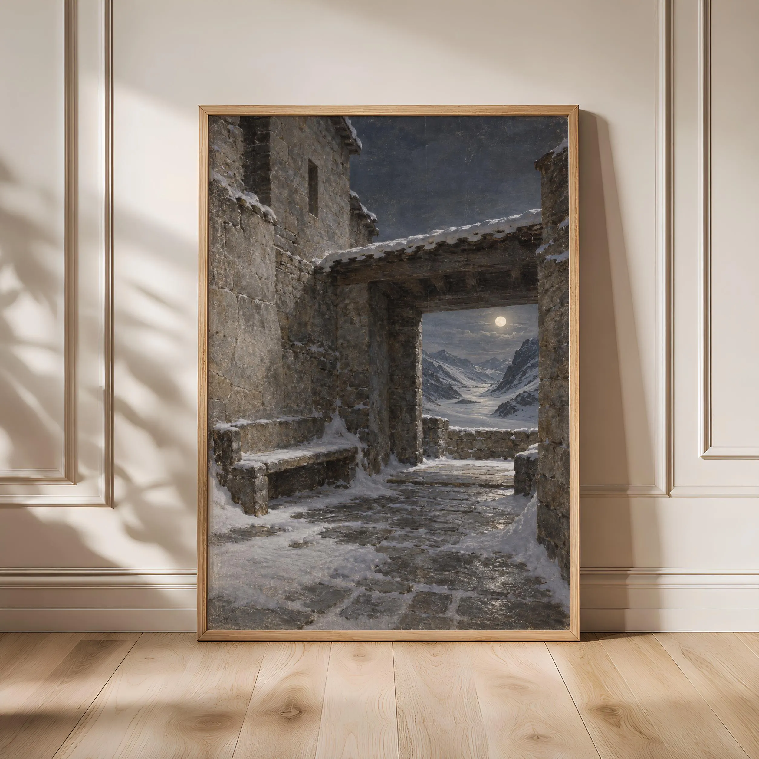 Winter Stone Courtyard Wall Art, Moonlit Mountain Passage Painting, Alpine Decor – Calm Wall Art by Artsify - Image 1