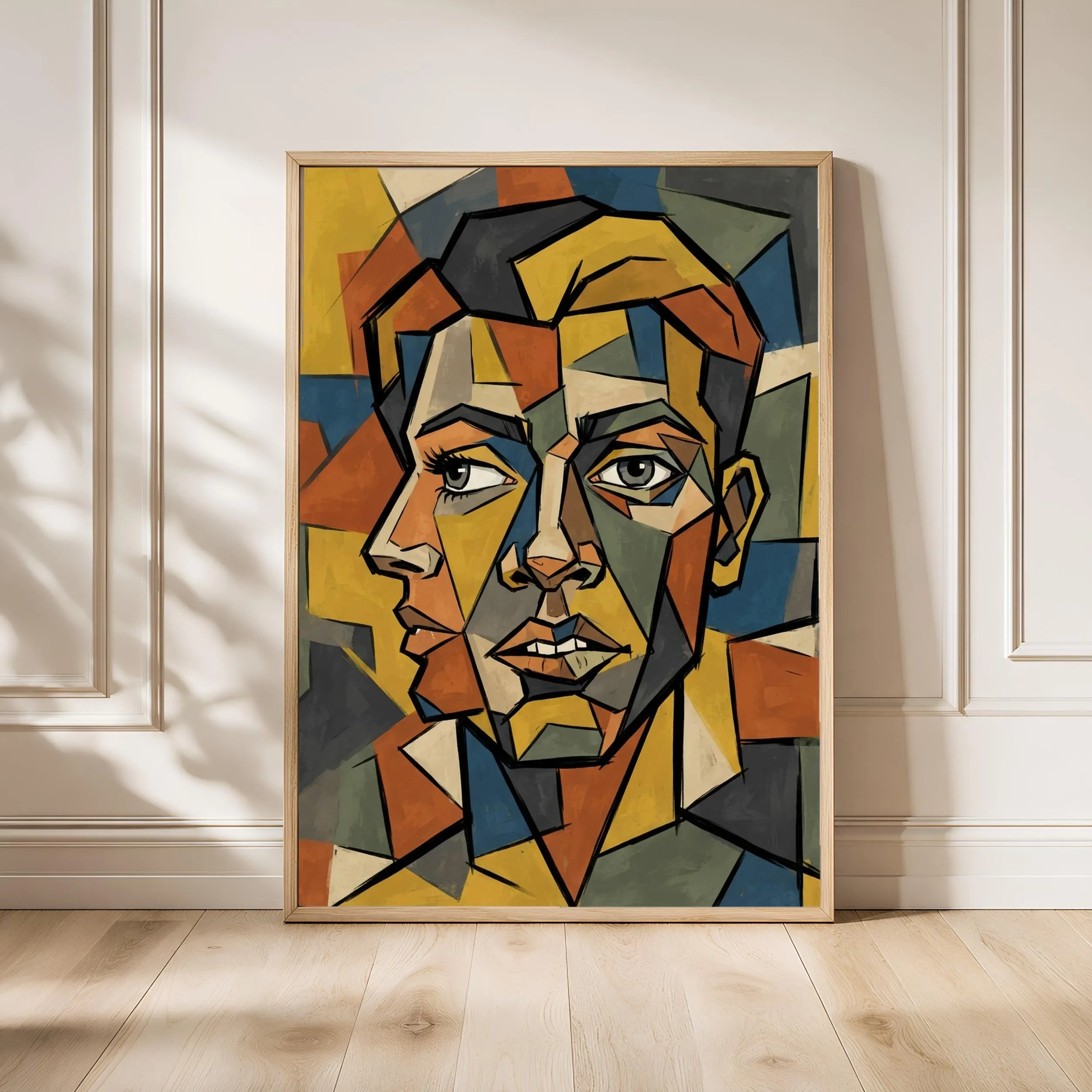 Cubist Portrait Print, Abstract Geometric Face Poster, Mustard Wall Art, Modern Art Gift – Calm Wall Art by Artsify - Image 1