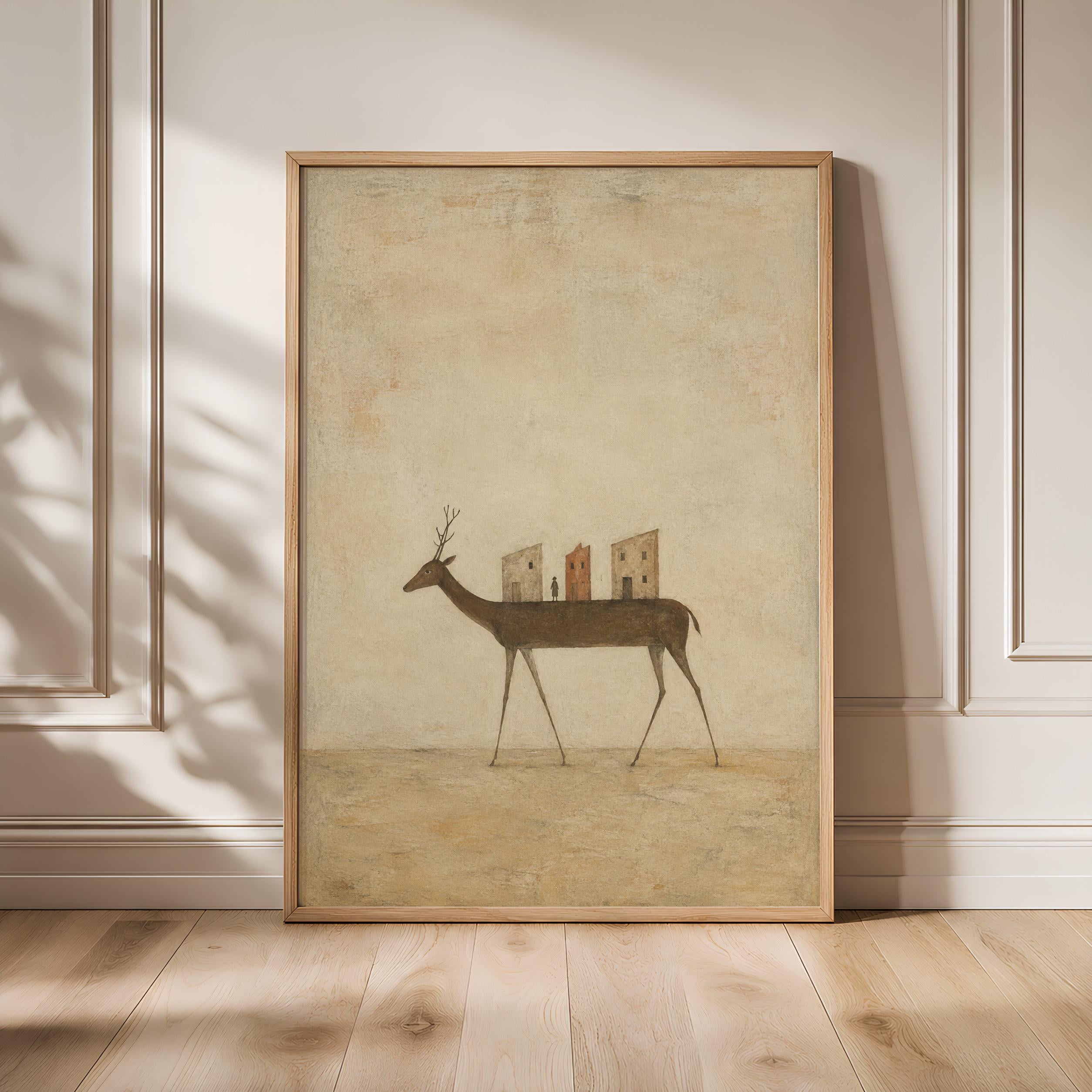 Deer Village Wall Art, Surreal Folk Animal Print, Desert Earth Tones – Calm Wall Art by Artsify - Image 1