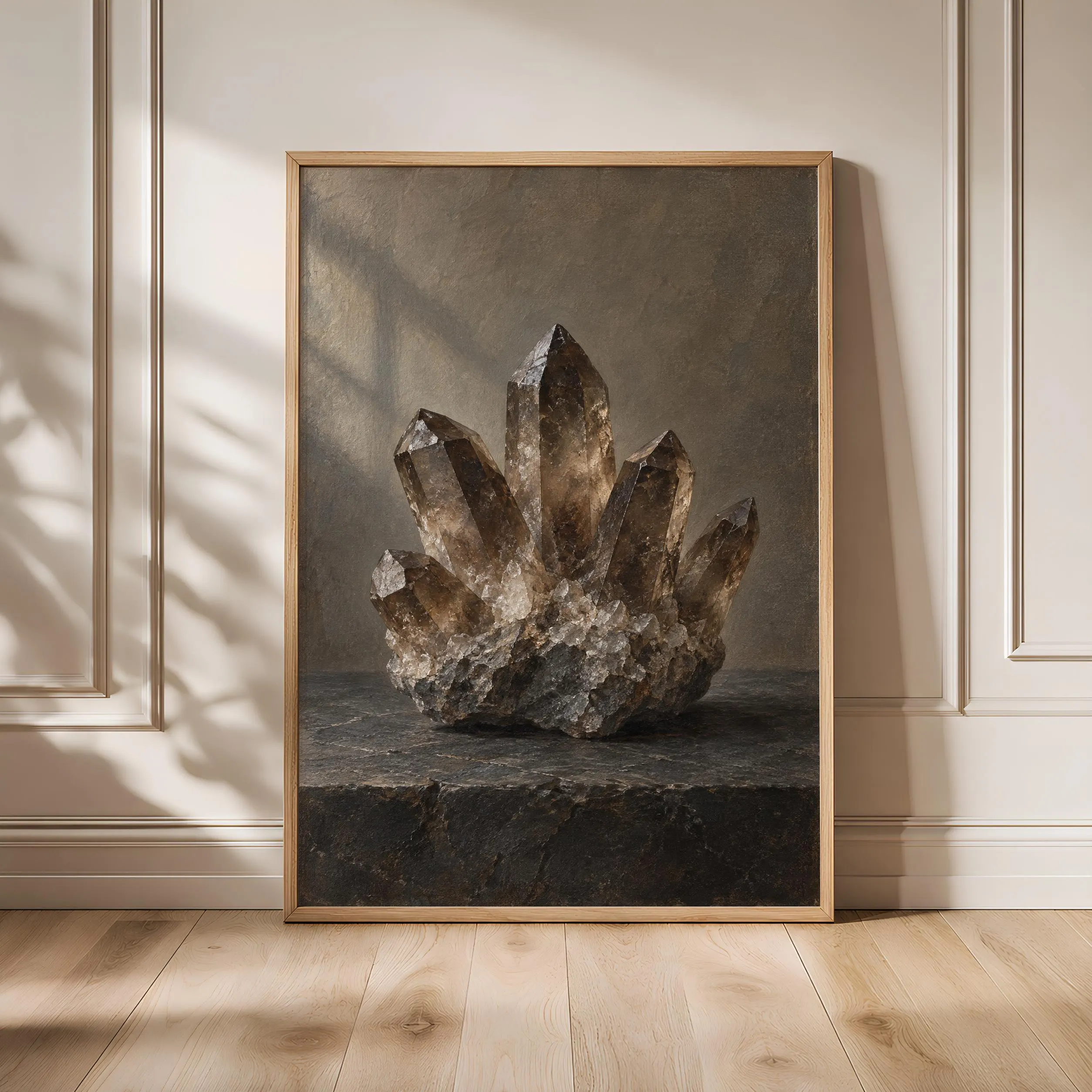 Smoky Quartz Cluster Wall Art, Neutral Geology Oil Painting, Minimalist Study Decor – Calm Wall Art by Artsify - Image 1