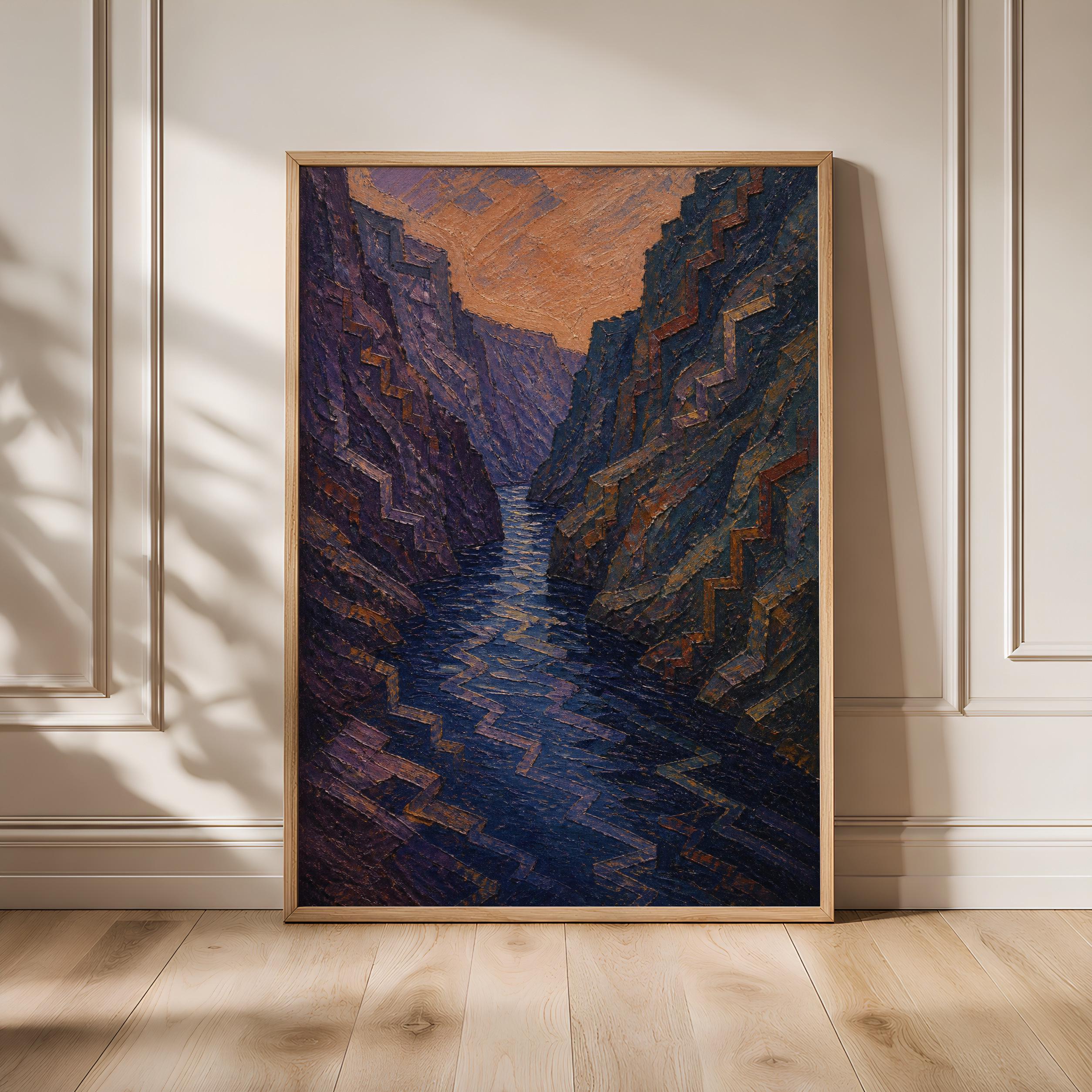 Indigo Canyon Wall Art, Dramatic Desert Gorge Painting, Dusk Purple Landscape Print – Calm Wall Art by Artsify - Image 1
