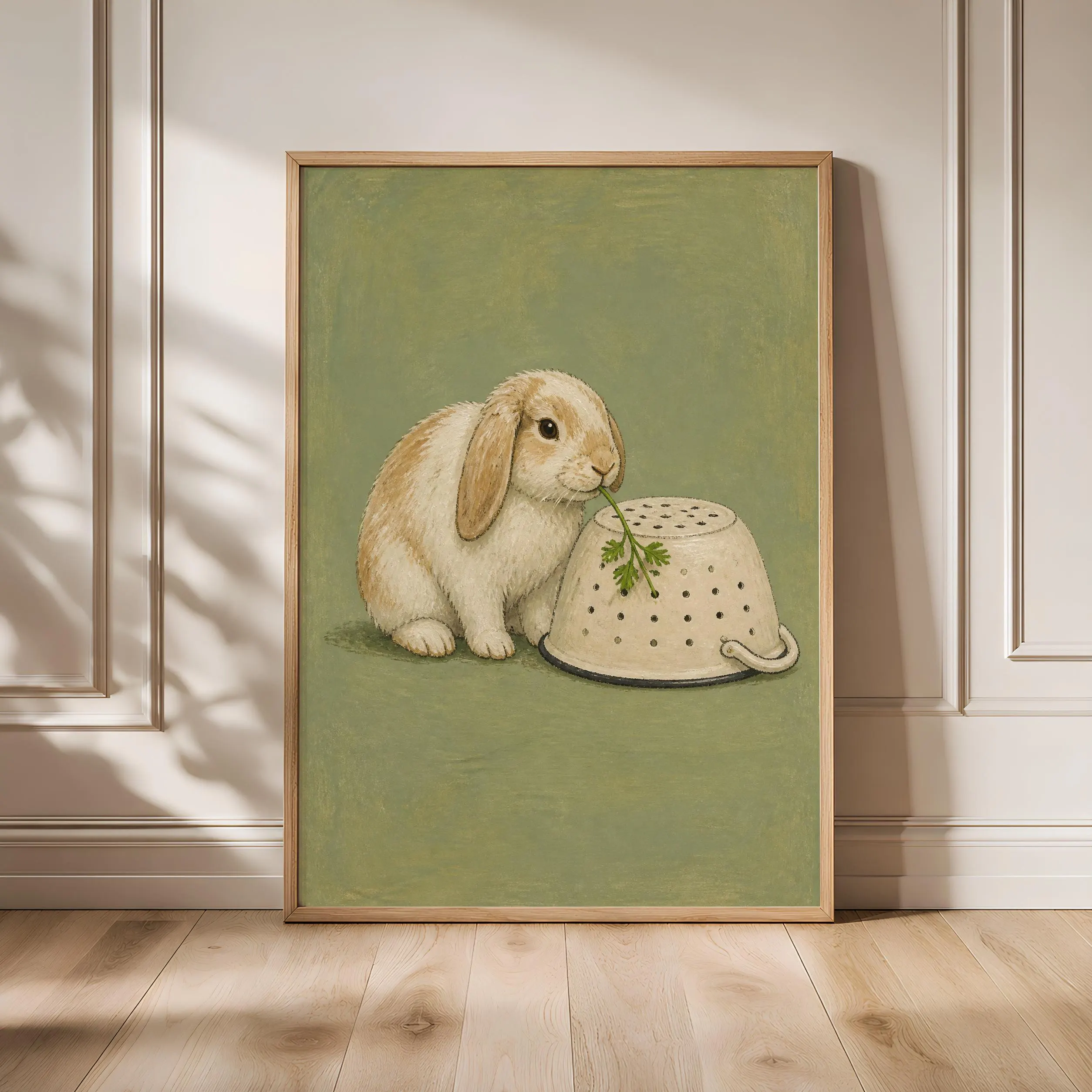 Funny Rabbit Kitchen Art, Lop Bunny and Colander, Minimalist Pet Print – Calm Wall Art by Artsify - Image 1