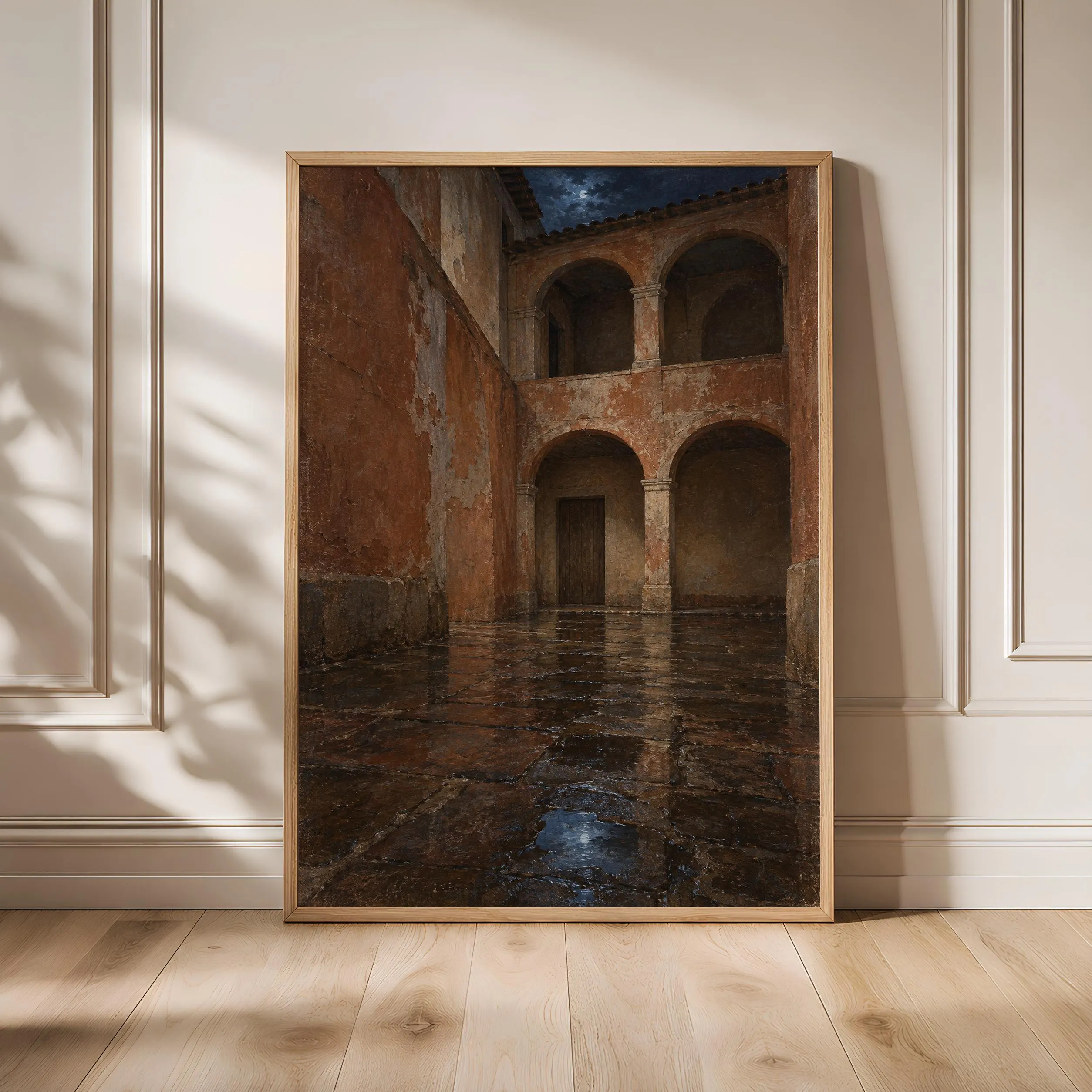 Terracotta Courtyard Wall Art, Rainy Arcade Oil Painting, Moody Mediterranean Decor – Calm Wall Art by Artsify - Image 1