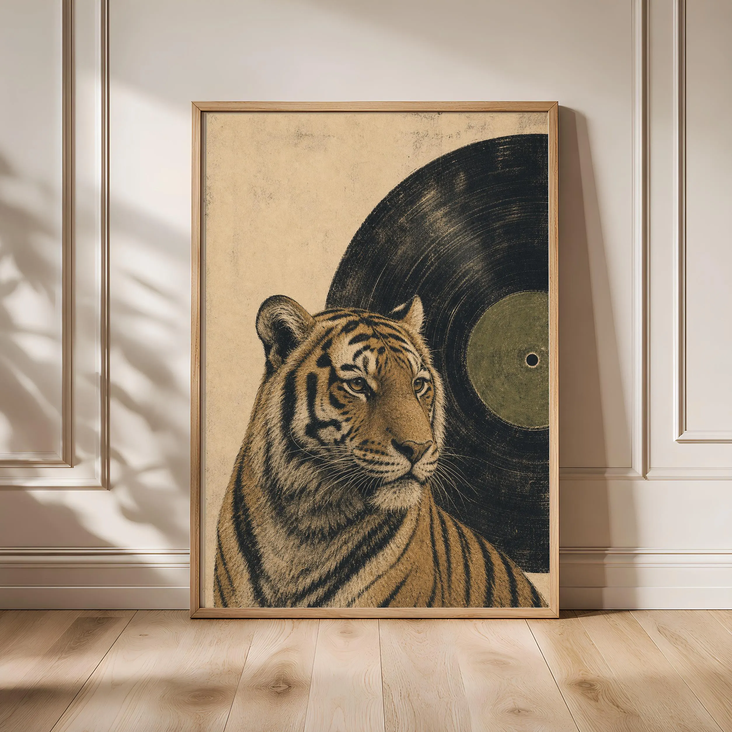 Tiger Vinyl Record Print, Woodblock Animal Wall Art, Olive Label Music Poster, Vinyl Record Lover Decor, Housewarming Gift – Calm Wall Art by Artsify - Image 1