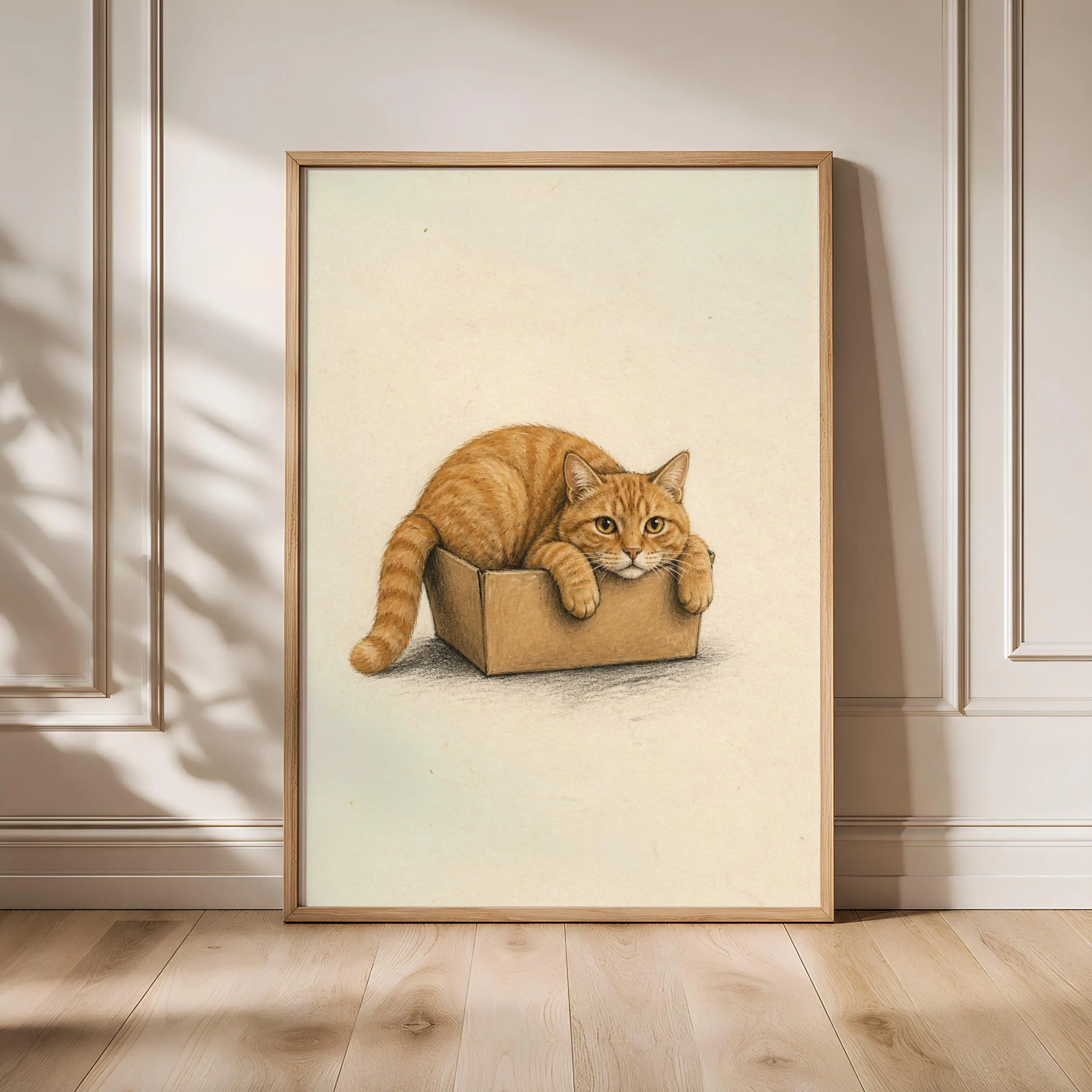 Funny Cat Wall Art, Orange Tabby in Box, Minimalist Pet Painting – Calm Wall Art by Artsify - Image 1