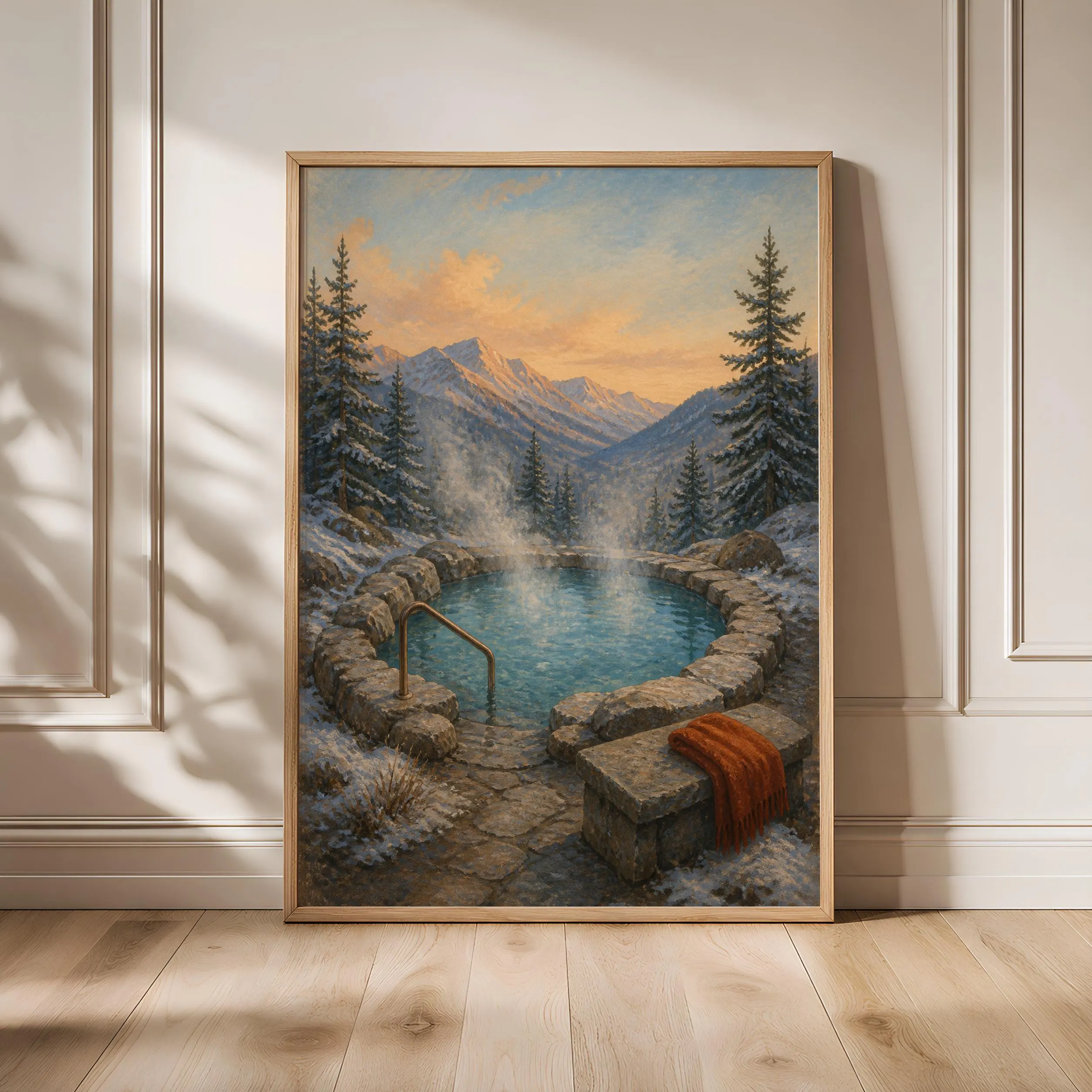 Alpine Thermal Pool Print, Vintage Swimming Wall Art, Mountain Spa Poster, Retro Bath Decor, Housewarming Gift – Calm Wall Art by Artsify - Image 1