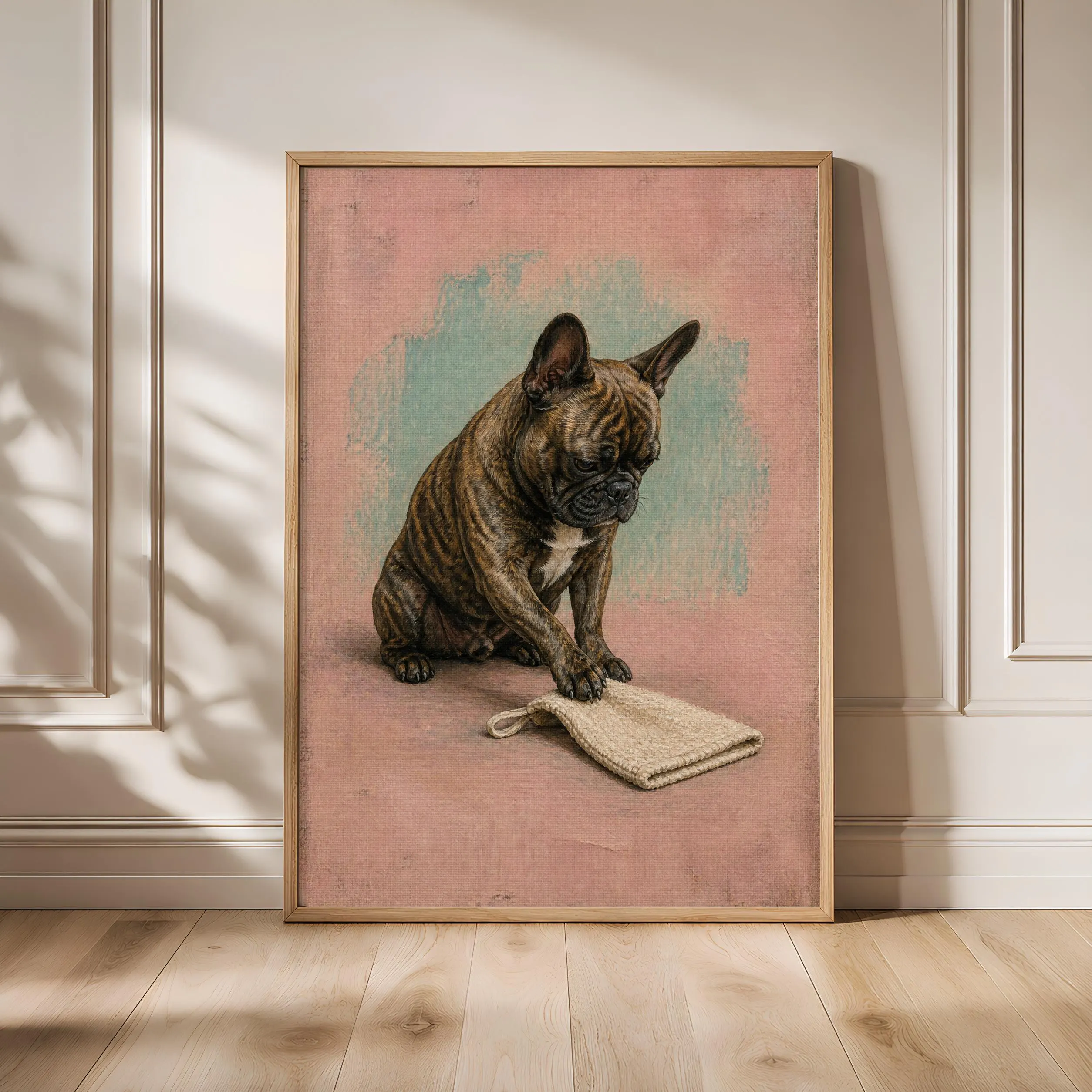 Funny French Bulldog Bathroom Art, Bath Mitt Dog, Minimalist Pet Print – Calm Wall Art by Artsify - Image 1