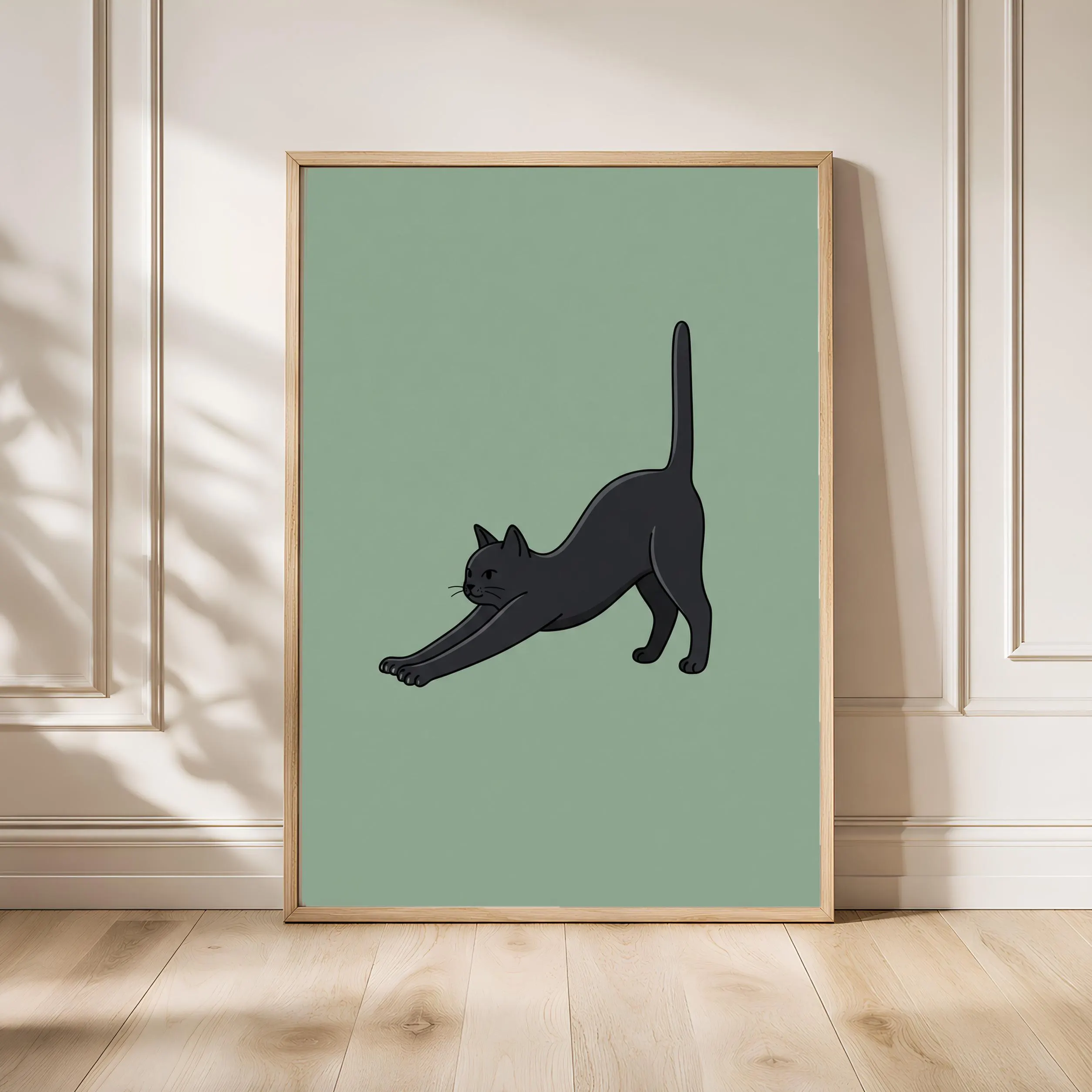Minimalist Cat Print, Stretching Black Cat Wall Art, Sage Green Poster, Cat Lover Gift, Housewarming Gift – Calm Wall Art by Artsify - Image 1