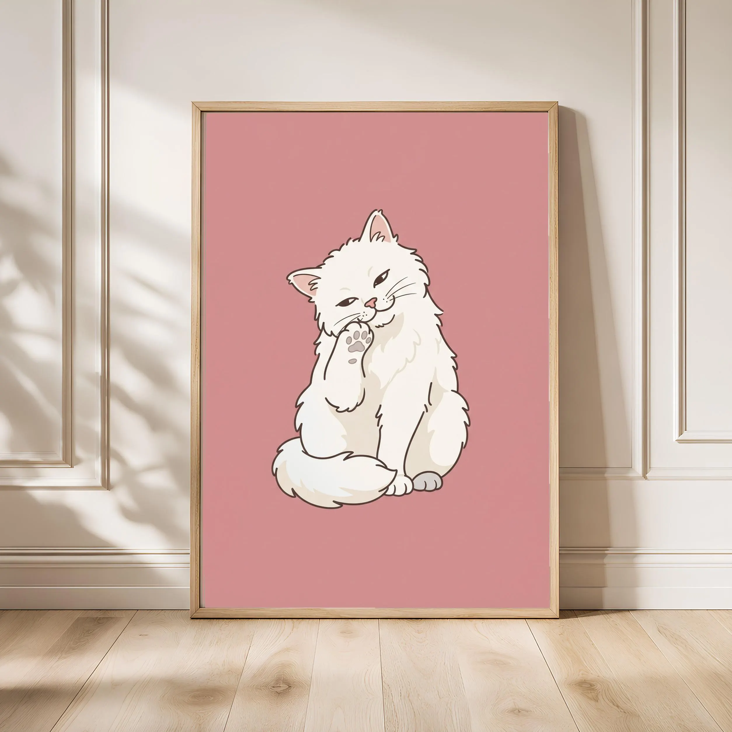 Minimalist Cat Print, Grooming White Cat Wall Art, Dusty Rose Poster, Cat Lover Gift, Housewarming Gift – Calm Wall Art by Artsify - Image 1