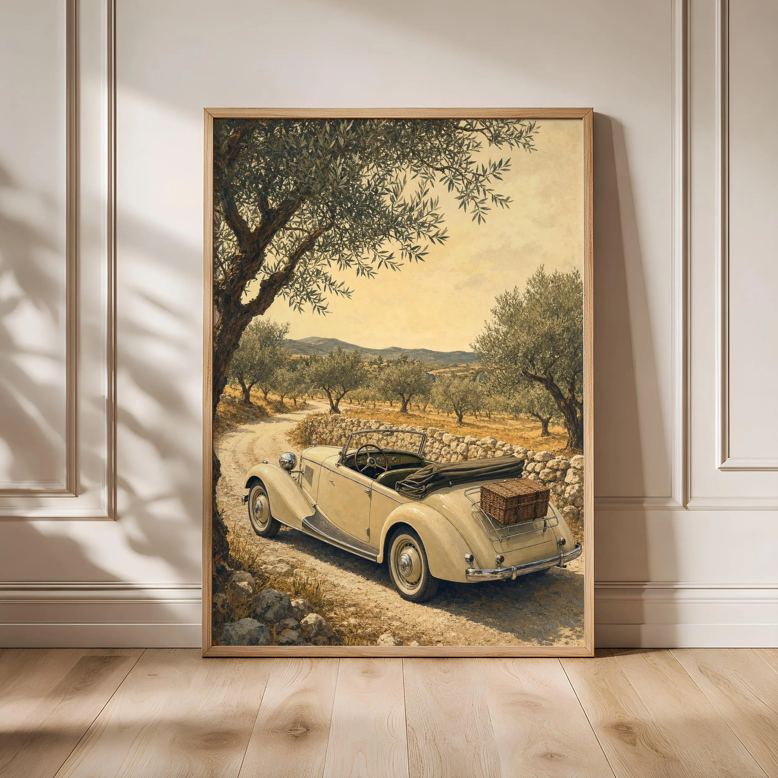 Vintage Roadster Print, Classic Car Wall Art, Mediterranean Olive Grove Poster, Road Trip Decor, Housewarming Gift – Calm Wall Art by Artsify - Image 1