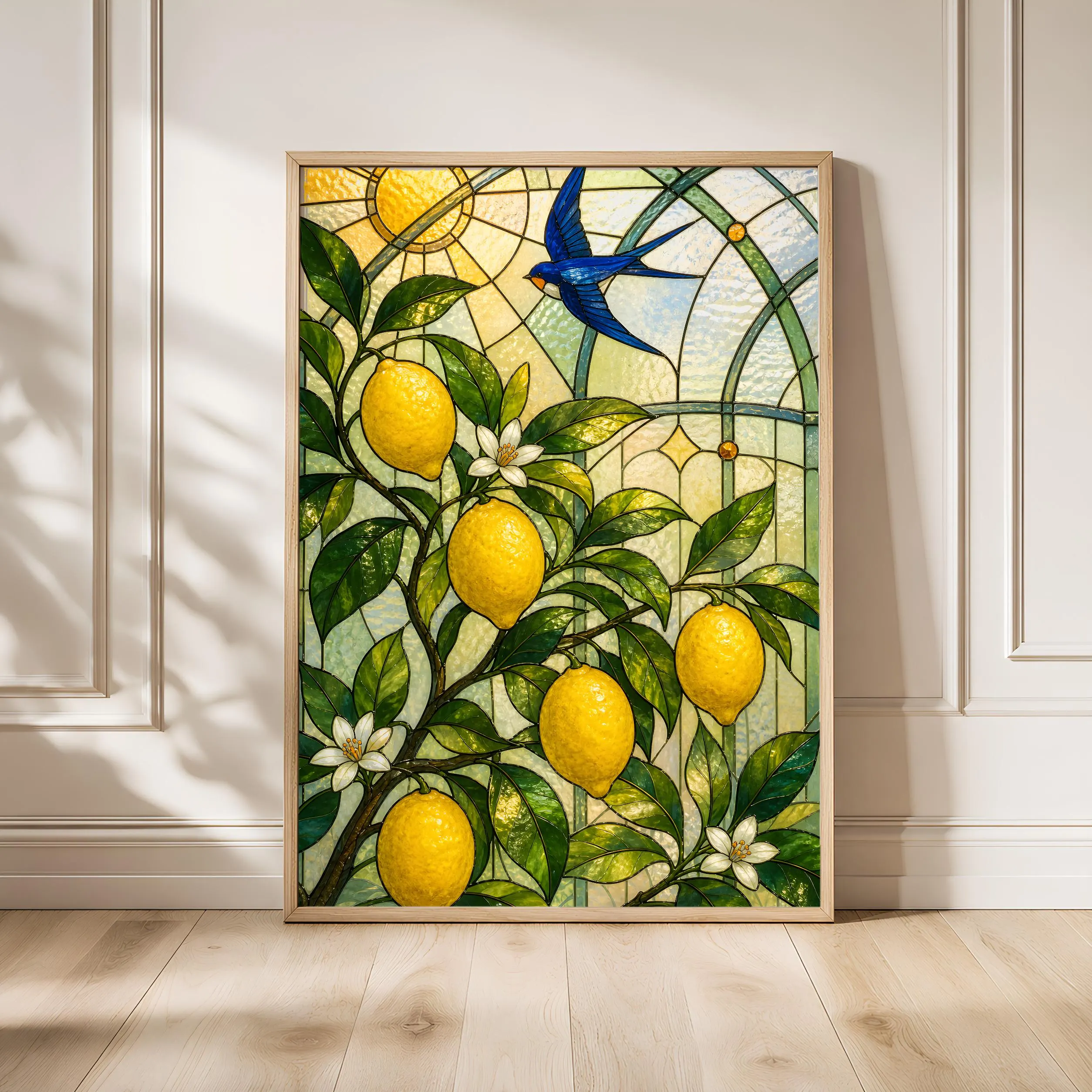 Lemon Tree Stained Glass Print, Botanical Conservatory Wall Art, Swallow Bird Poster, Mediterranean Kitchen Decor, Housewarming Gift – Calm Wall Art by Artsify - Image 1
