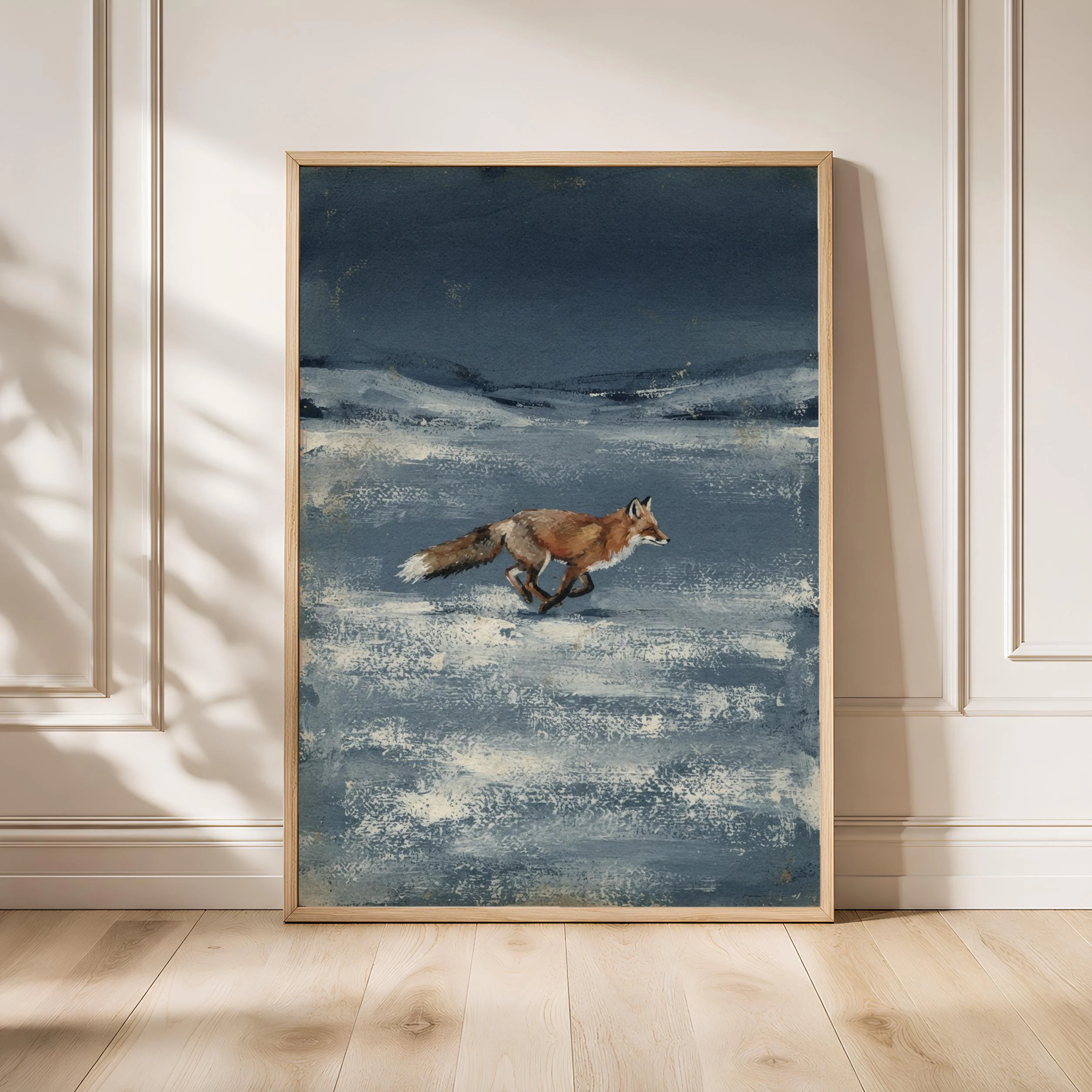 Running Fox Wall Art, Indigo Minimalist Winter Painting, Vintage Woodland Print, Housewarming Gift – Calm Wall Art by Artsify - Image 1