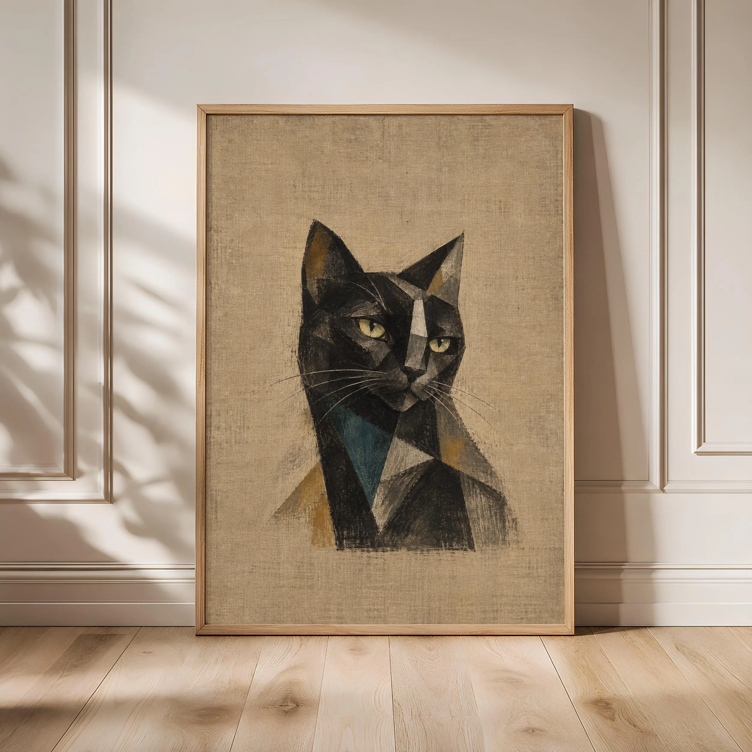Cubist Black Cat Wall Art, Abstract Geometric Feline Portrait, Eclectic Decor – Calm Wall Art by Artsify - Image 1