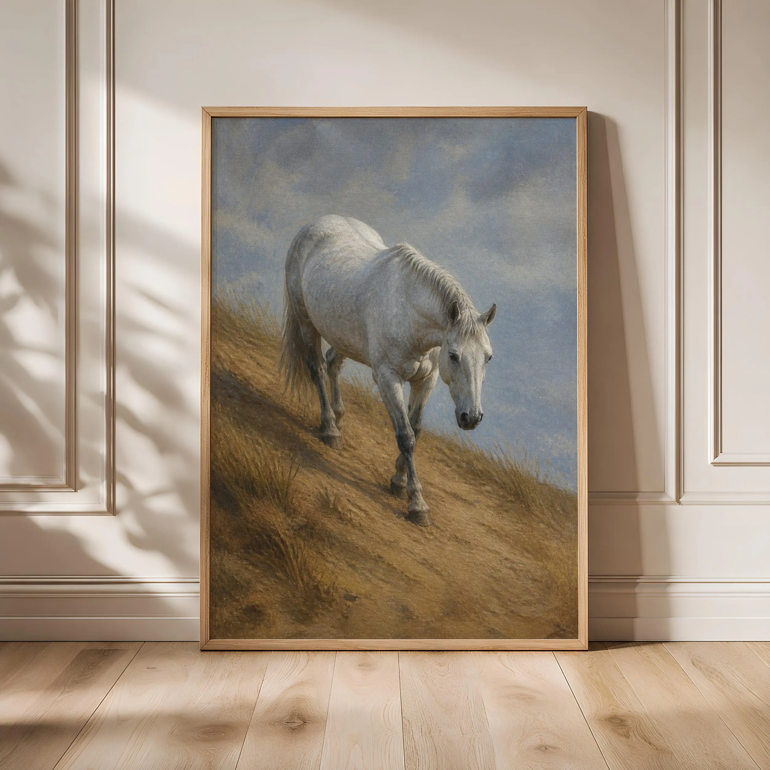 Grey Horse Wall Art, Winter Dune Painting, Pale Blue Coastal Decor Print – Calm Wall Art by Artsify - Image 1