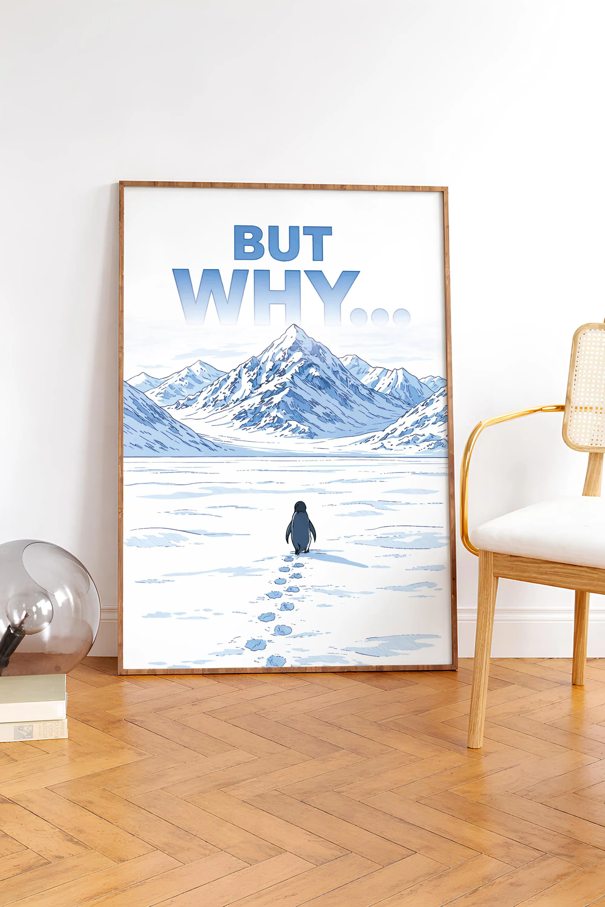 But Why? Minimalist Arctic Illustration Poster – Motivational Penguin Wall Art, Modern Office & Home Decor Print – Calm Wall Art by Artsify - Image 1