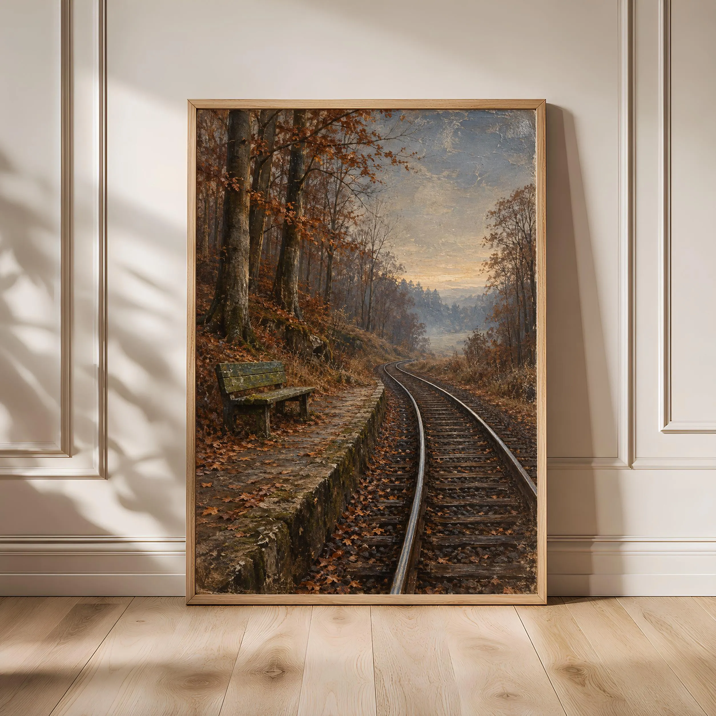 Autumn Forest Platform Wall Art, Empty Railway Oil Painting, Cottagecore Decor – Calm Wall Art by Artsify - Image 1