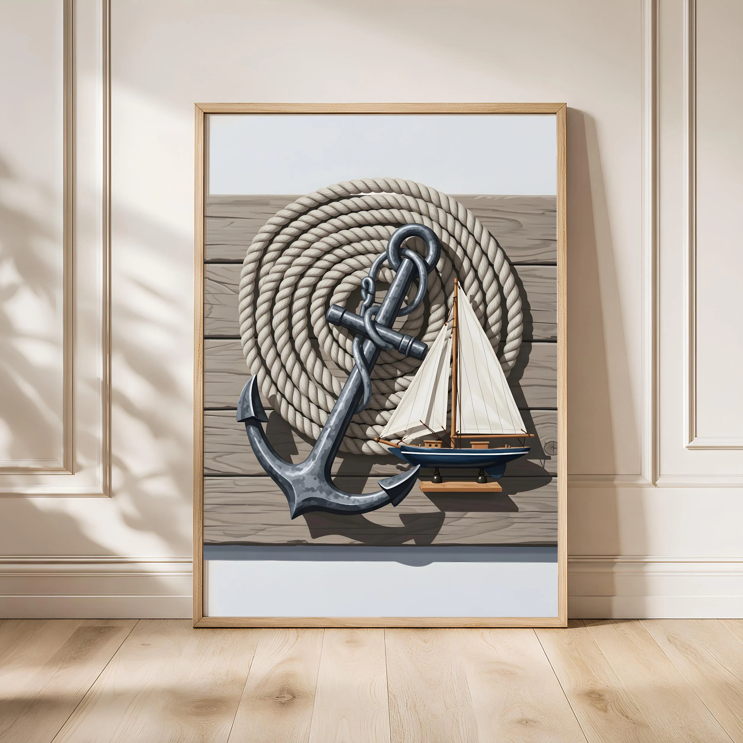 Nautical Anchor Print, Rope and Sailboat Poster, Coastal Bathroom Wall Art, Hallway Decor, Housewarming Gift – Calm Wall Art by Artsify - Image 1