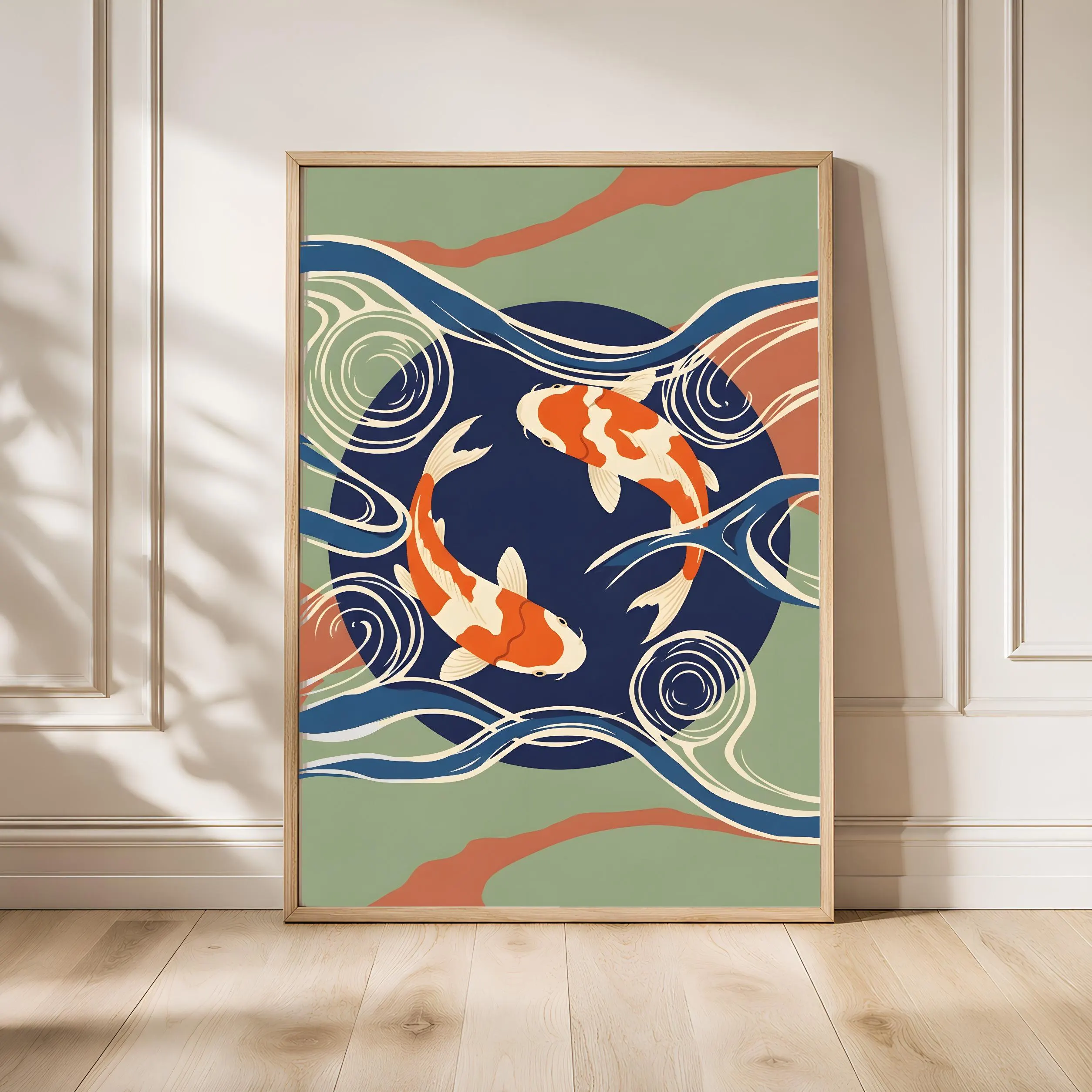 Koi Fish Art Print, Japanese Woodblock Style Poster, Zen Water Wall Art, Indigo Home Decor, A1/A2/A3/A4, Housewarming Gift – Calm Wall Art by Artsify - Image 1