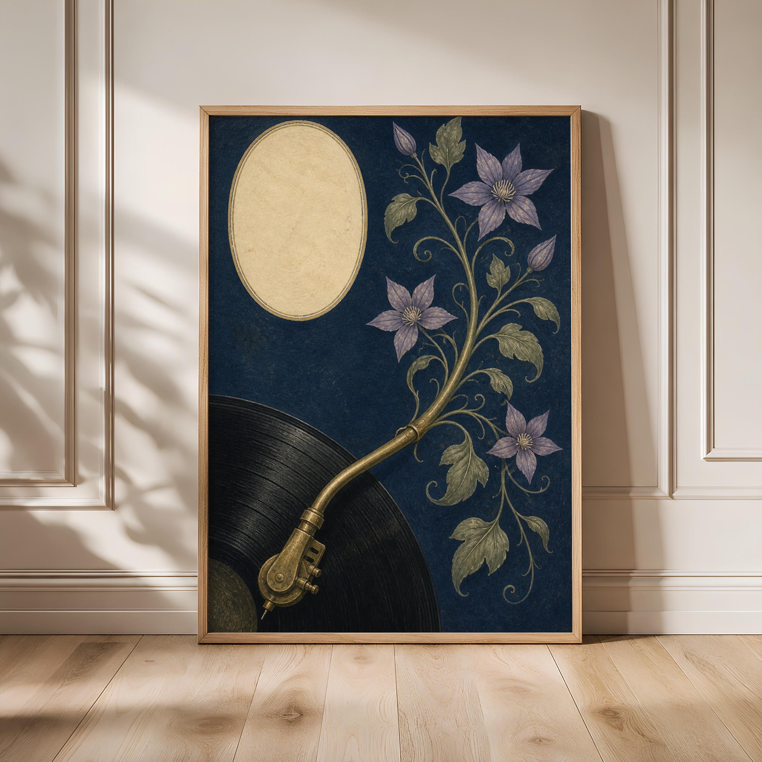 Vinyl Turntable Print, Arts and Crafts Music Room Poster, Navy Botanical Wall Art, Vinyl Lover Gift – Calm Wall Art by Artsify - Image 1