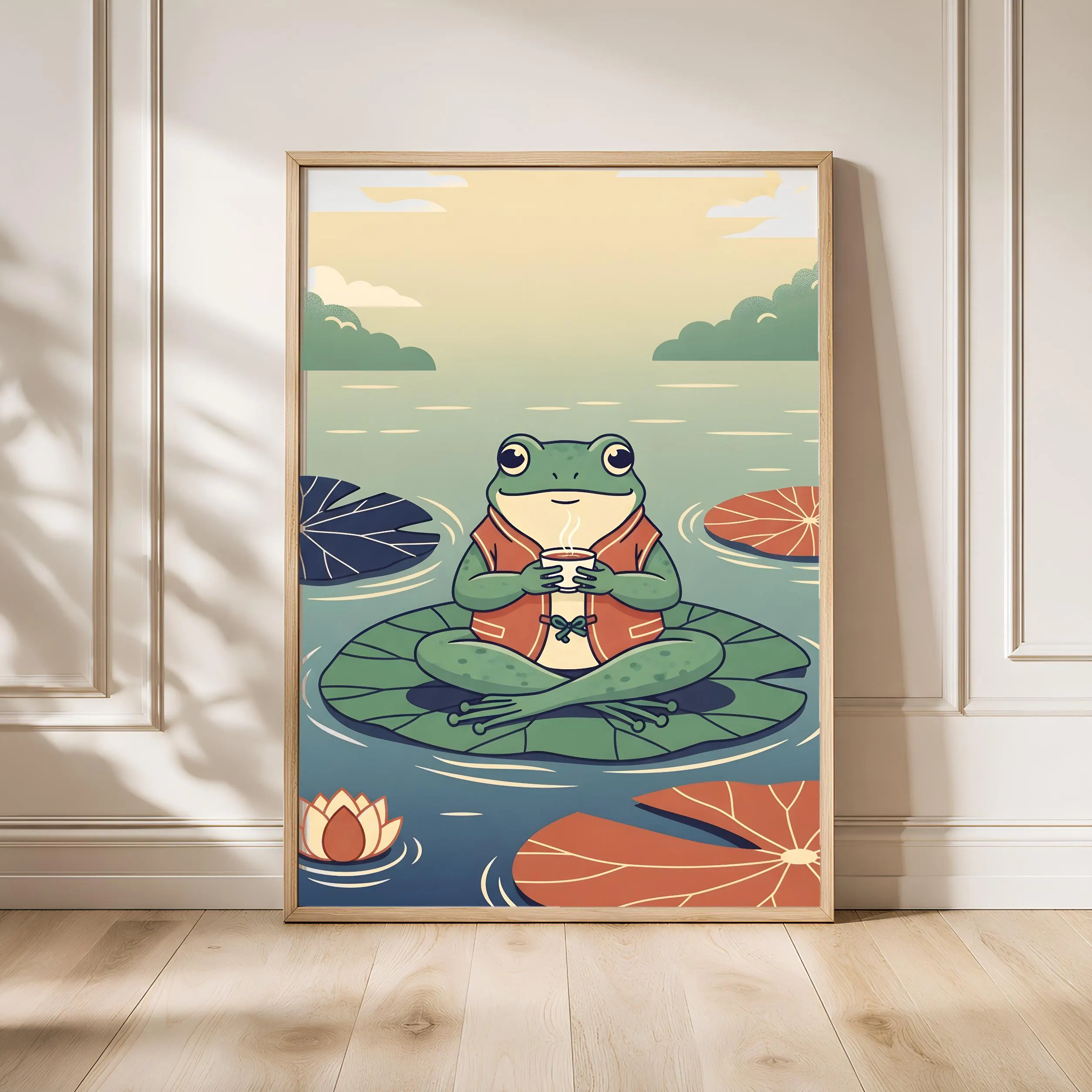 Japanese Frog Art Print, Whimsical Tea Frog Poster, Woodblock Style Animal Wall Art, Fun Zen Decor, A1/A2/A3/A4, Housewarming Gift – Calm Wall Art by Artsify - Image 1