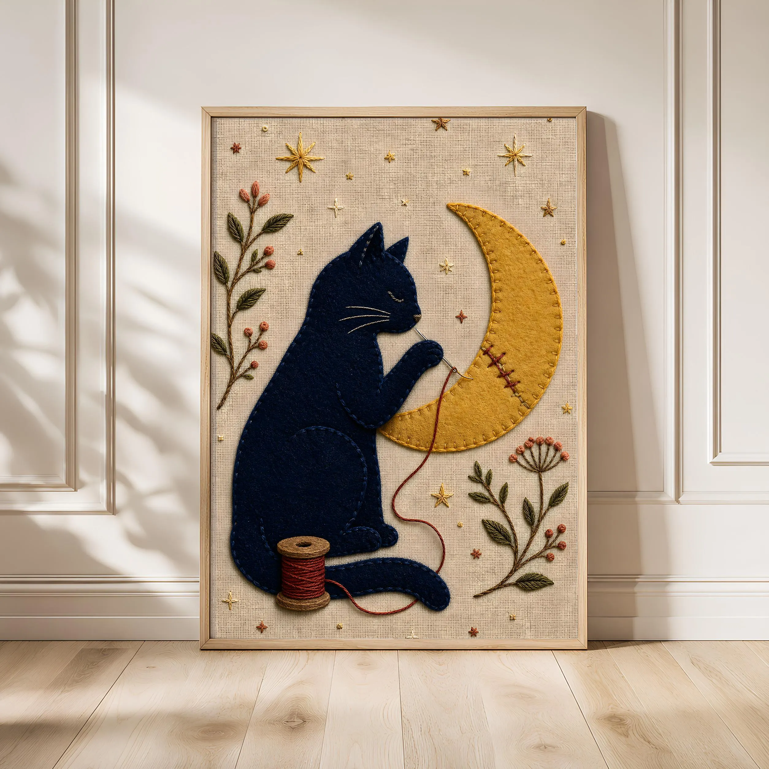 Black Cat Moon Print, Felt Embroidery Style Wall Art, Celestial Cat Poster, Whimsical Night Sky Decor, Housewarming Gift – Calm Wall Art by Artsify - Image 1