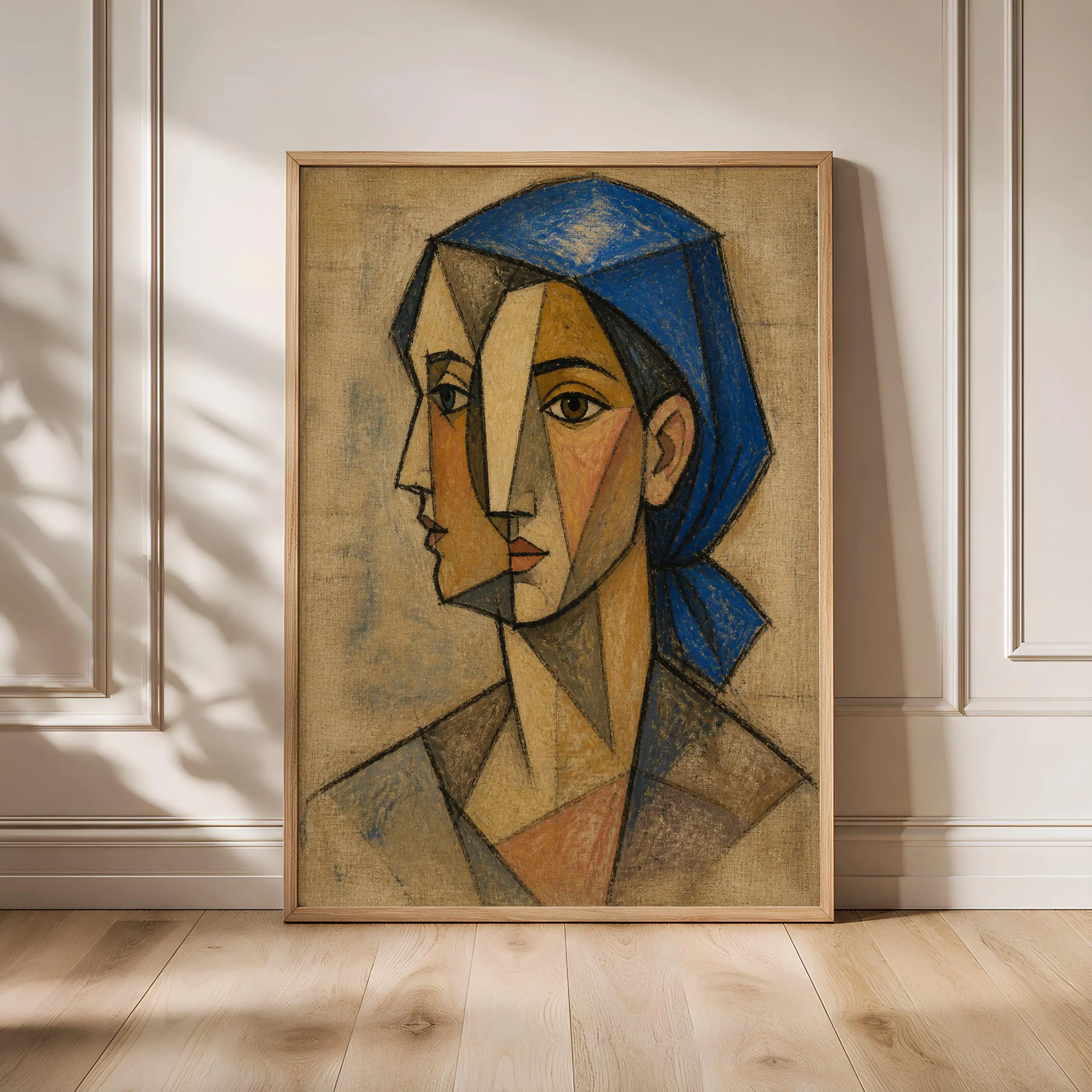 Cobalt Kerchief Cubist Portrait Print, Abstract Woman Wall Art, Modern Geometric Face – Calm Wall Art by Artsify - Image 1