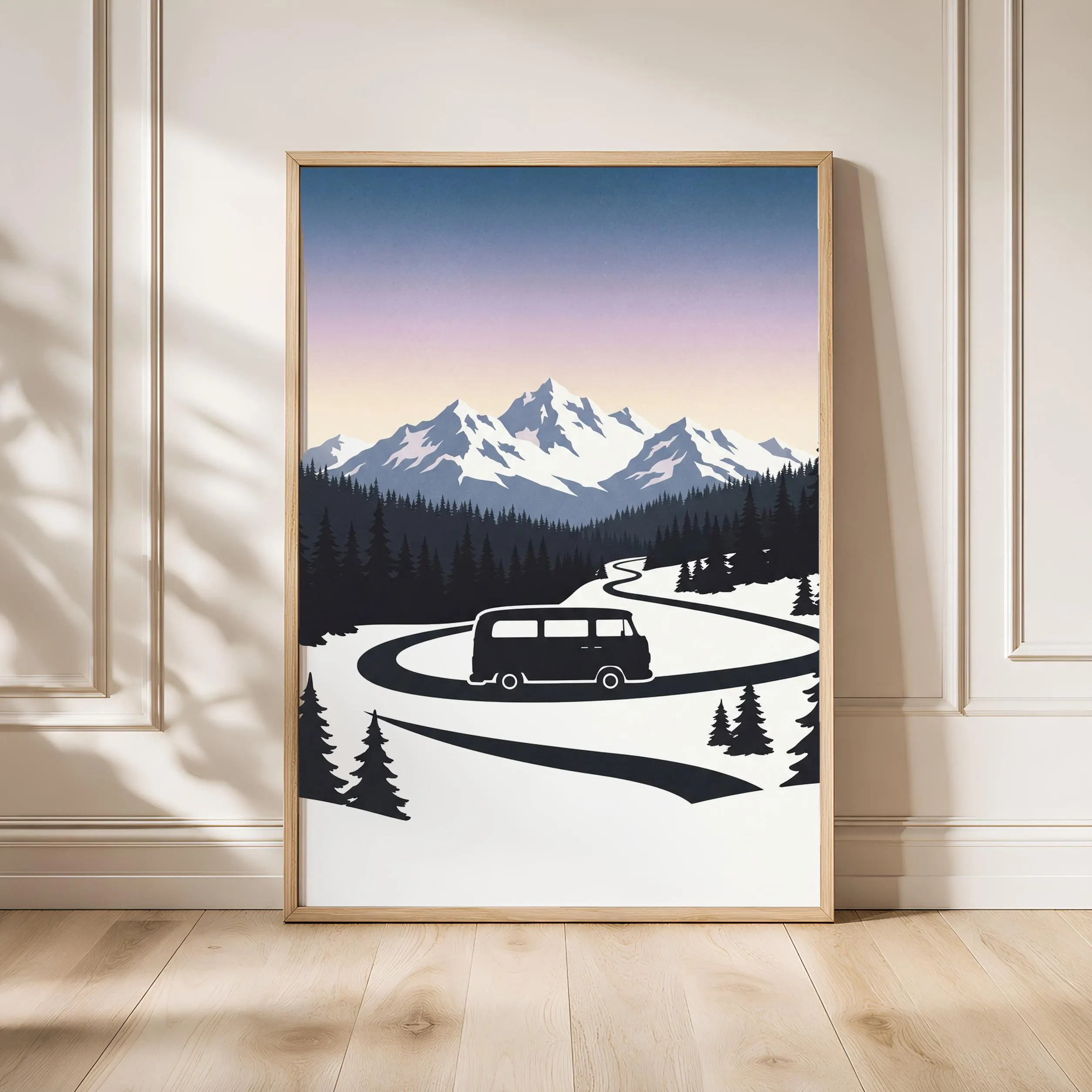 Retro Camper Van Print, Snowy Mountain Poster, Lavender Wall Art, Vanlife Decor, Housewarming Gift – Calm Wall Art by Artsify - Image 1