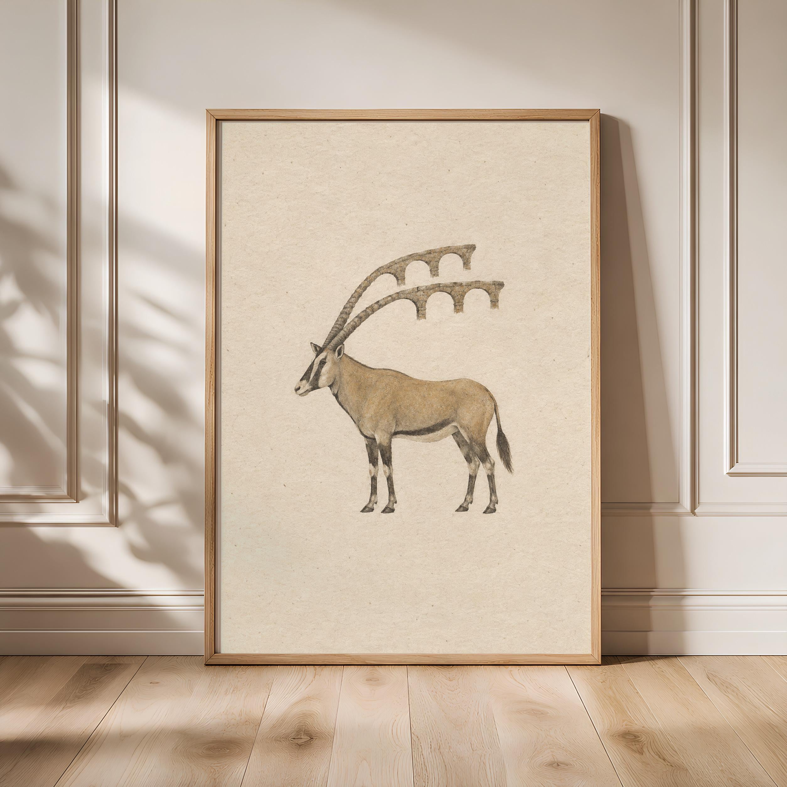 Oryx Arcade Wall Art, Minimal Surreal Animal Architecture Poster – Calm Wall Art by Artsify - Image 1