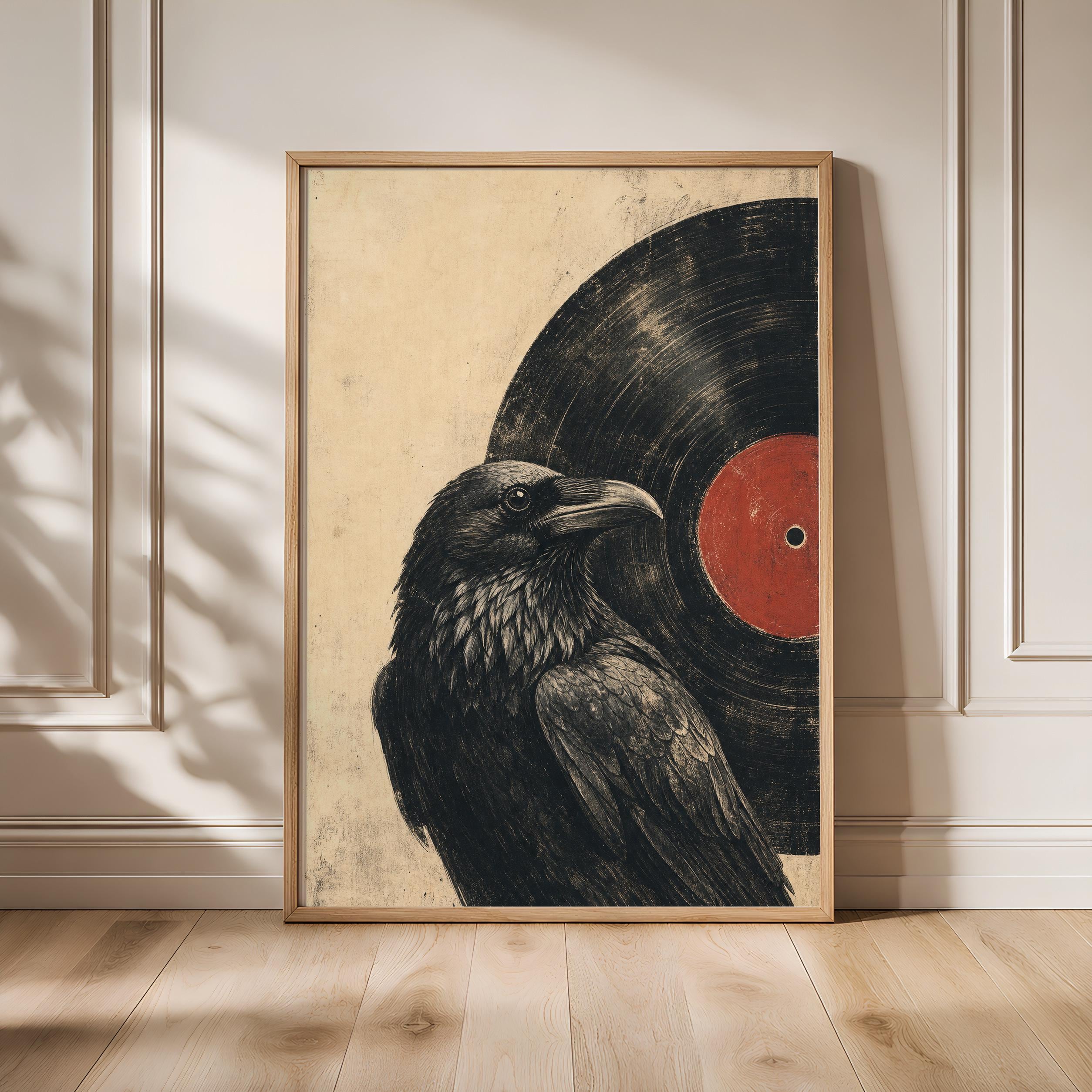 Raven Vinyl Record Print, Woodblock Bird Wall Art, Midnight Music Poster, Vinyl Record Lover Decor, Housewarming Gift – Calm Wall Art by Artsify - Image 1