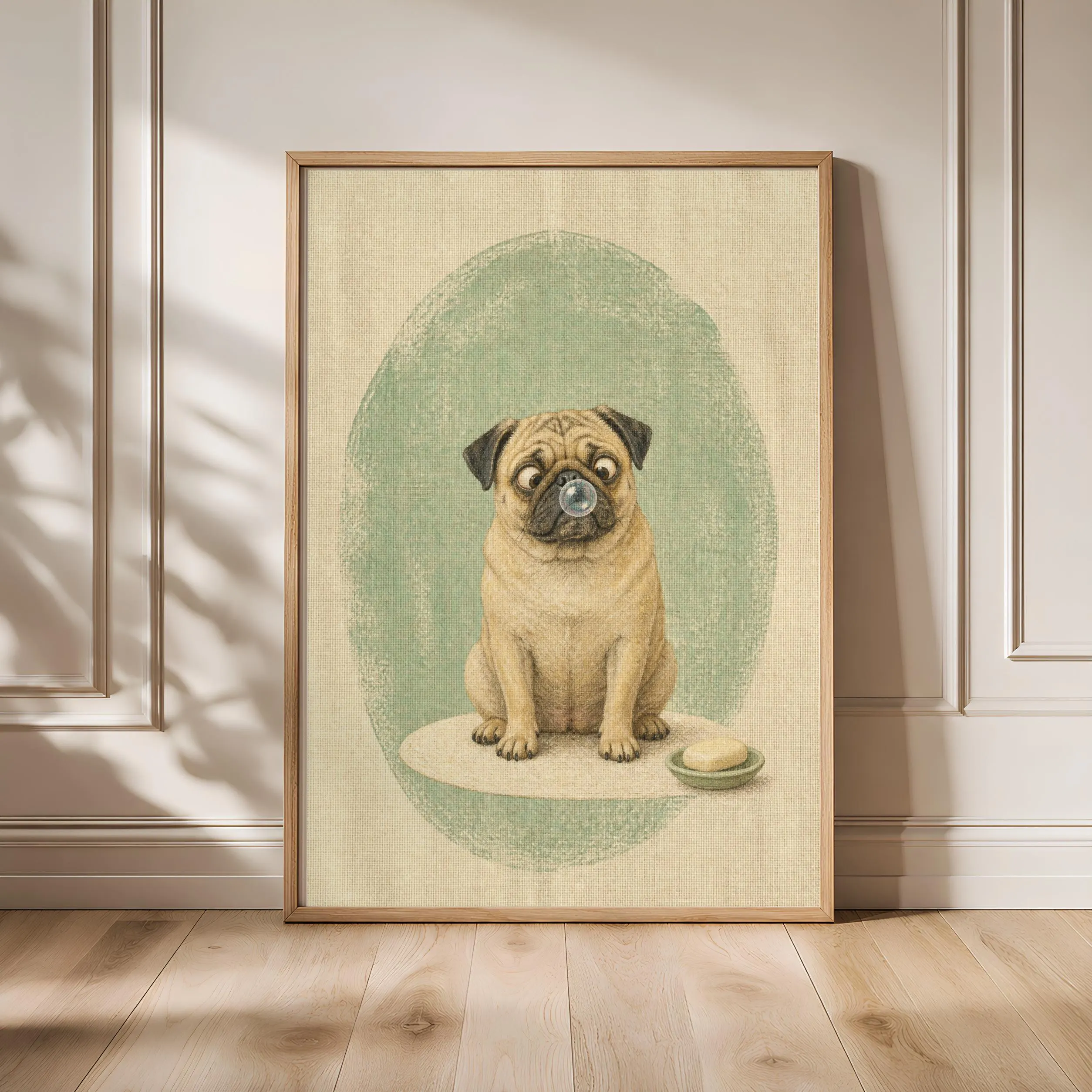 Funny Pug Bathroom Art, Soap Bubble Dog, Minimalist Pet Print – Calm Wall Art by Artsify - Image 1