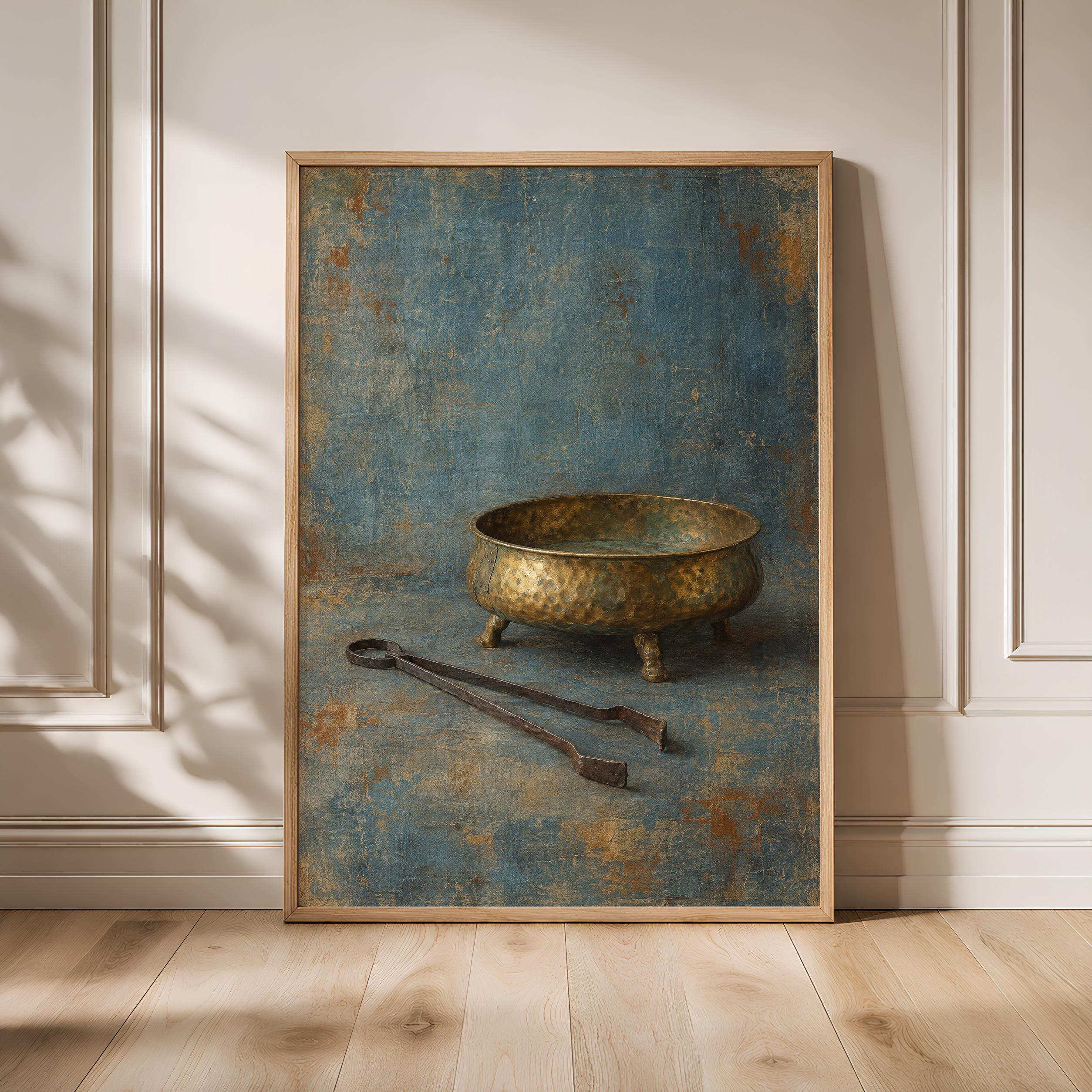 Antique Brass Brazier Wall Art, Rustic Old World Still Life Painting – Calm Wall Art by Artsify - Image 1