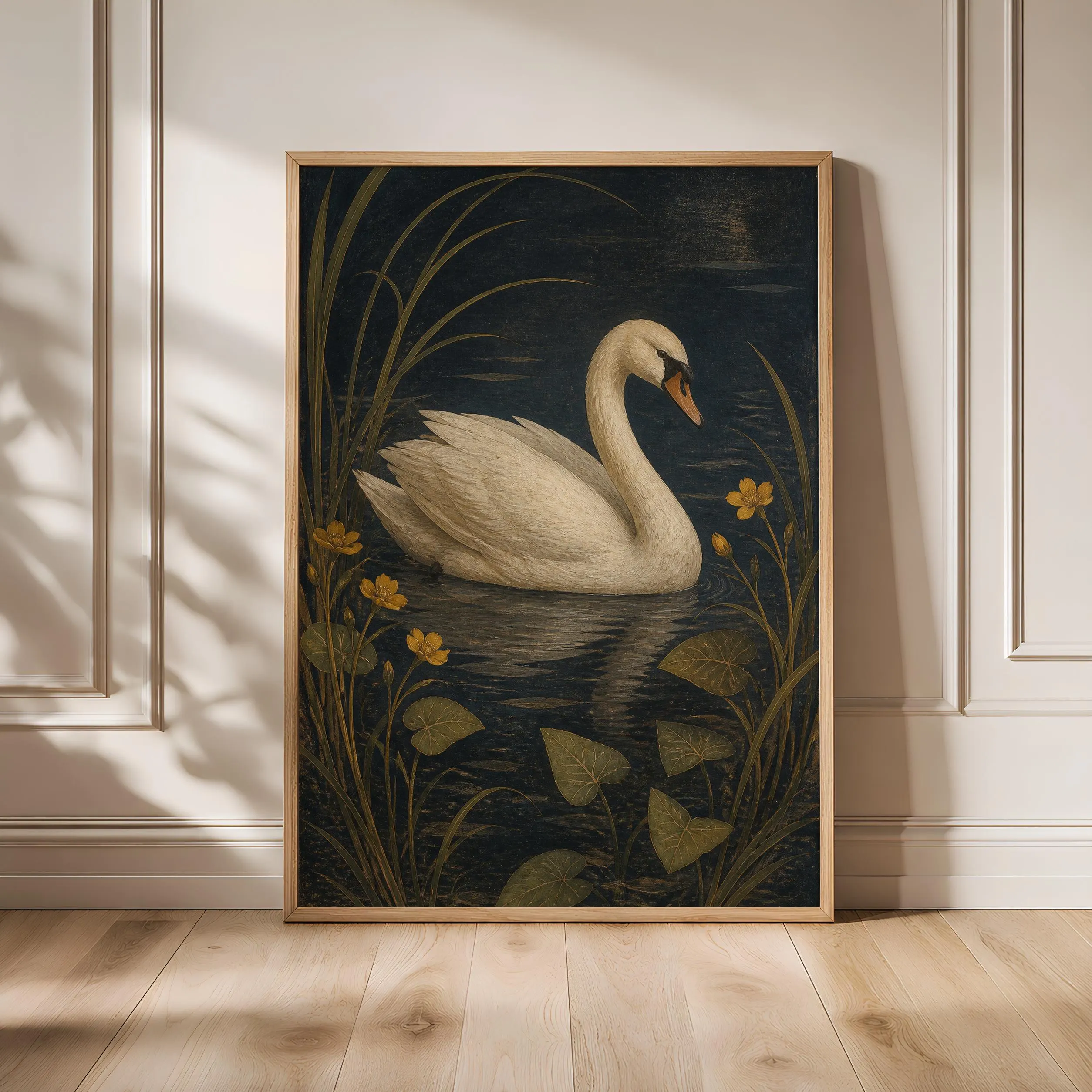Swan Wall Art, Arts and Crafts Bird Painting, Dark Marsh Botanical Decor – Calm Wall Art by Artsify - Image 1