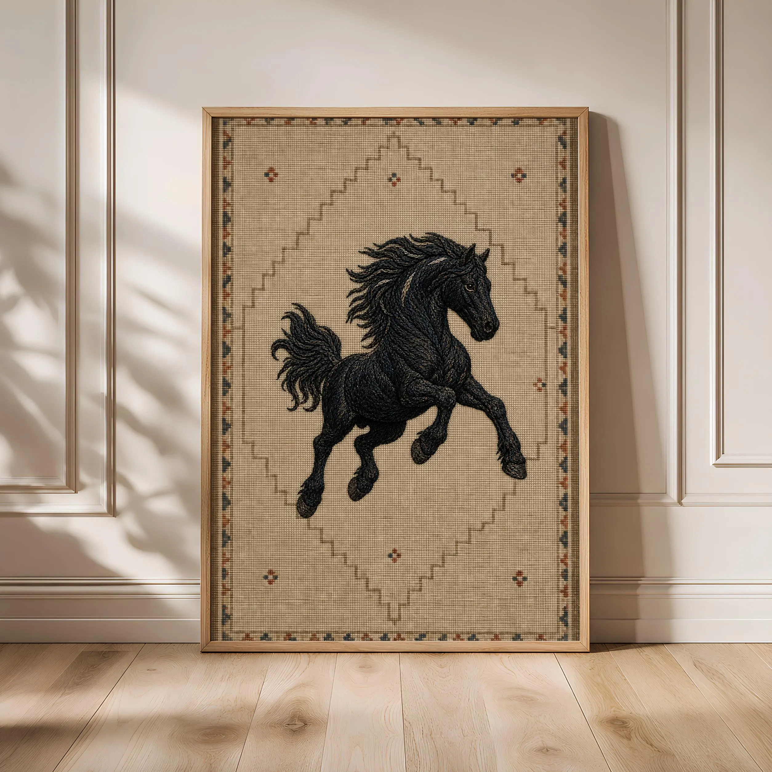 Embroidered Black Horse Print, Minimalist Kilim Wall Art, Tan Boho Poster, Housewarming Gift – Calm Wall Art by Artsify - Image 1