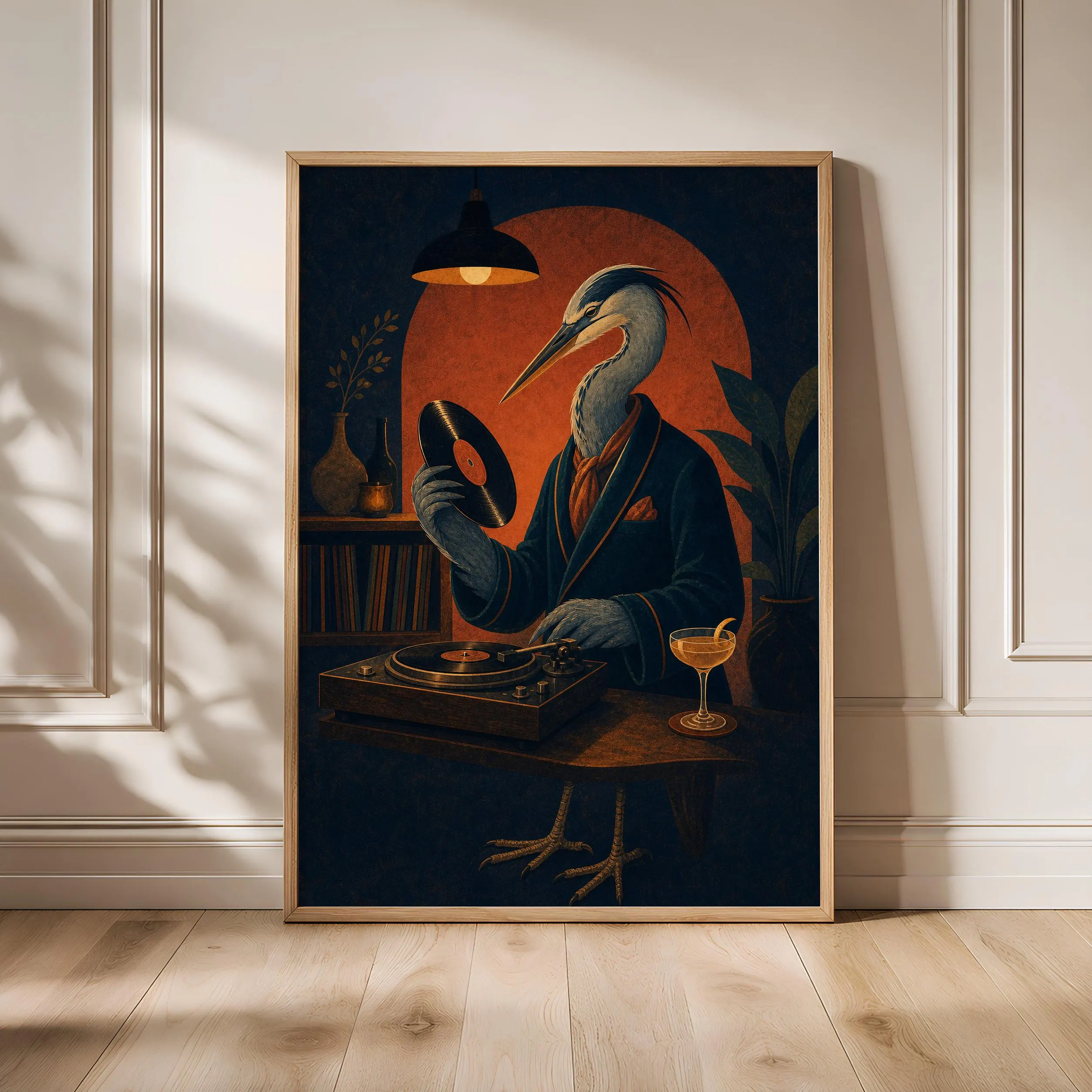 Heron Vinyl Record Art Print, Retro Listening Bar Poster, Mid Century Bird Wall Art, Music Lover Decor, Housewarming Gift – Calm Wall Art by Artsify - Image 1